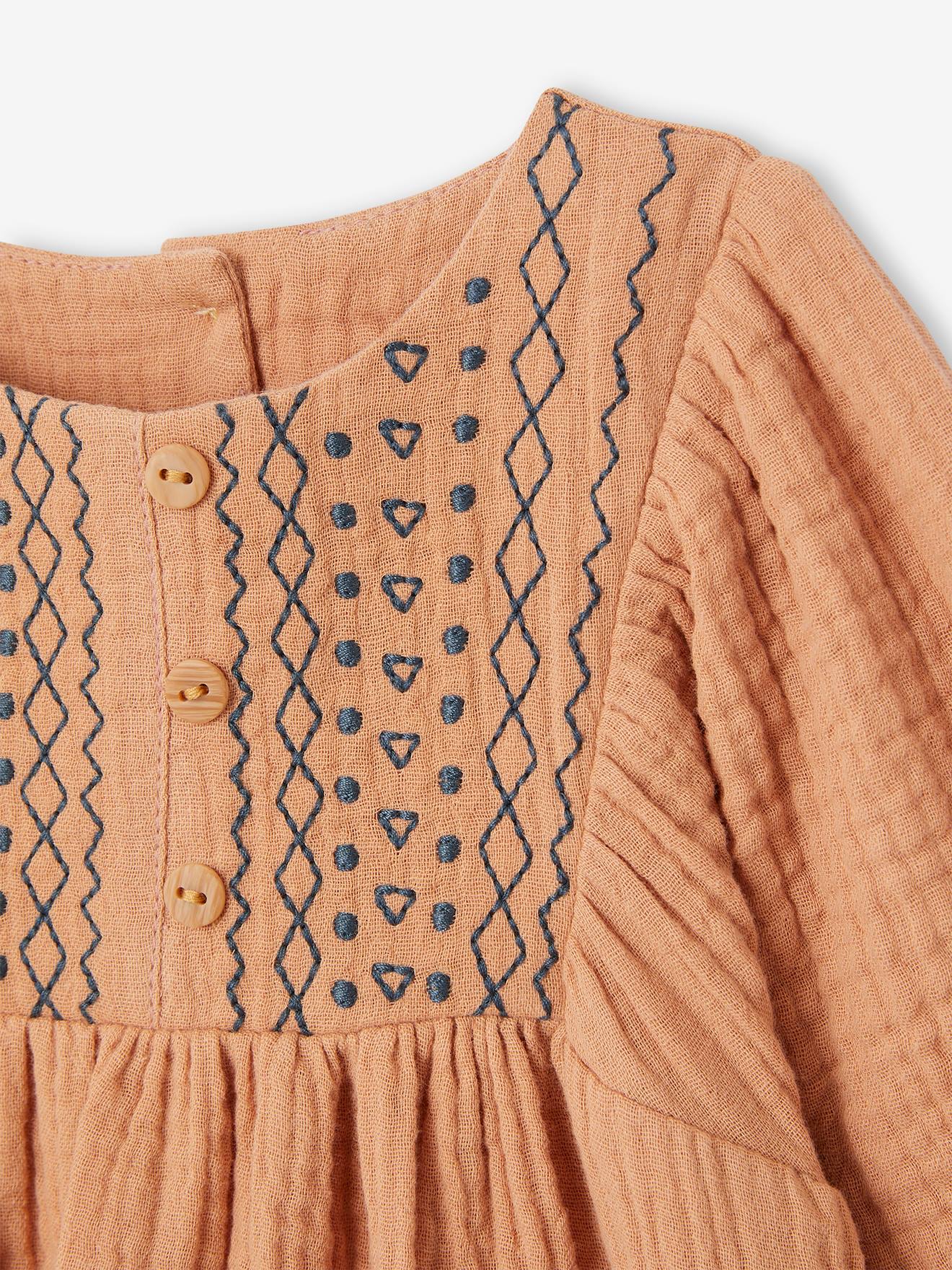Vertbaudet Besticktes Baby Kleid aus Musselin - karamell