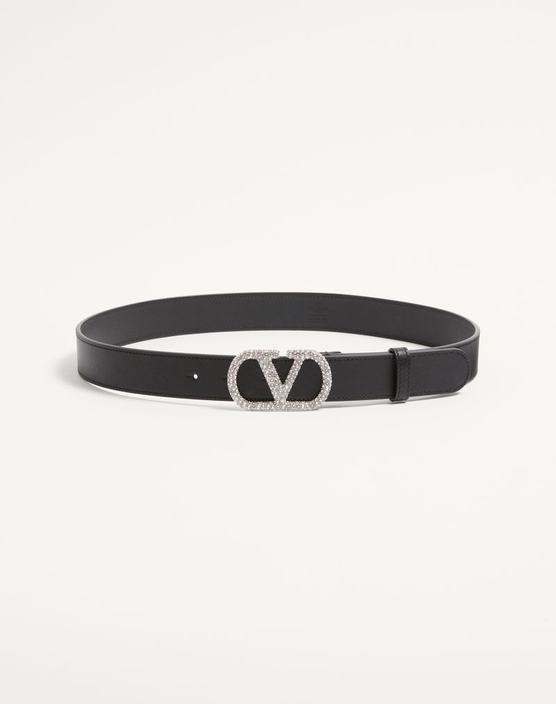 VLogo Signature Bælte i Skinnende Kalveskind med Krystaller 30 mm