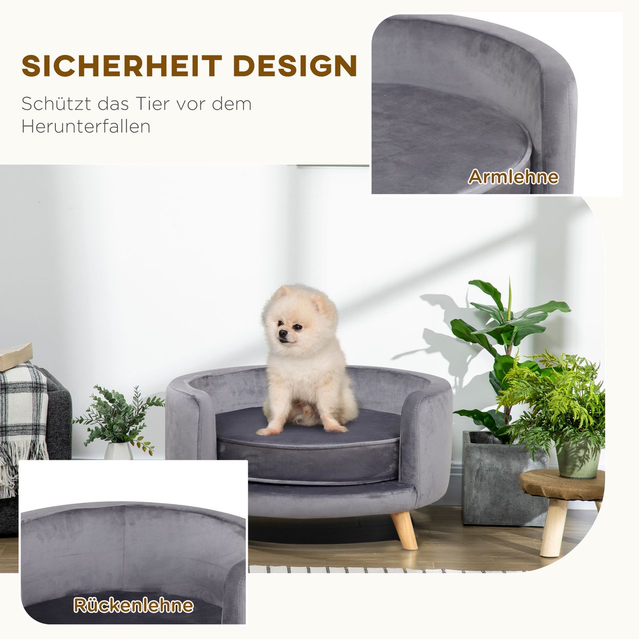 PawHut Hundesofa, Haustiersofa mit Samtoptik, Katzensofa mit Kissen, Holzbeine