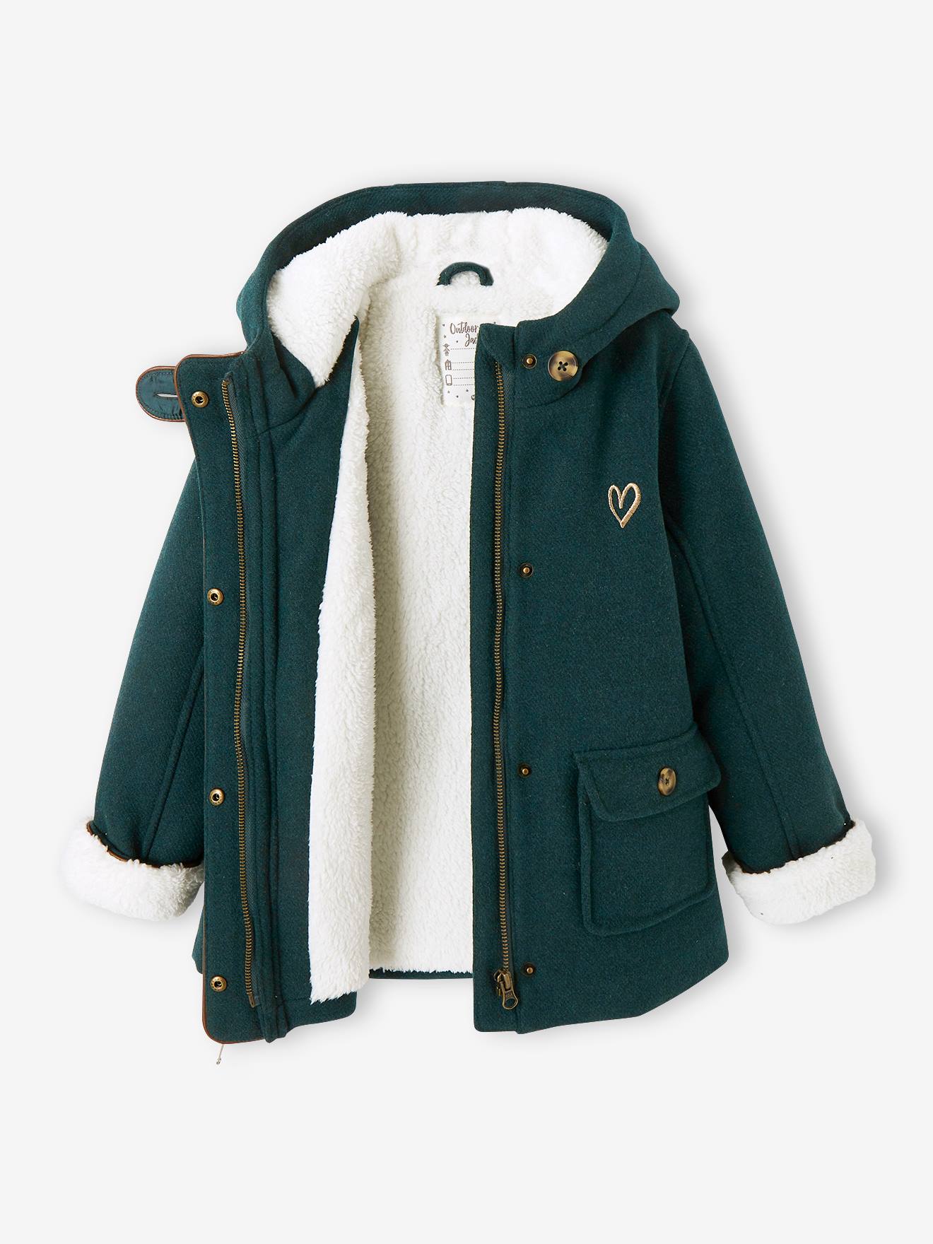 Manteau à capuche en drap de laine fille doublé sherpa chamois