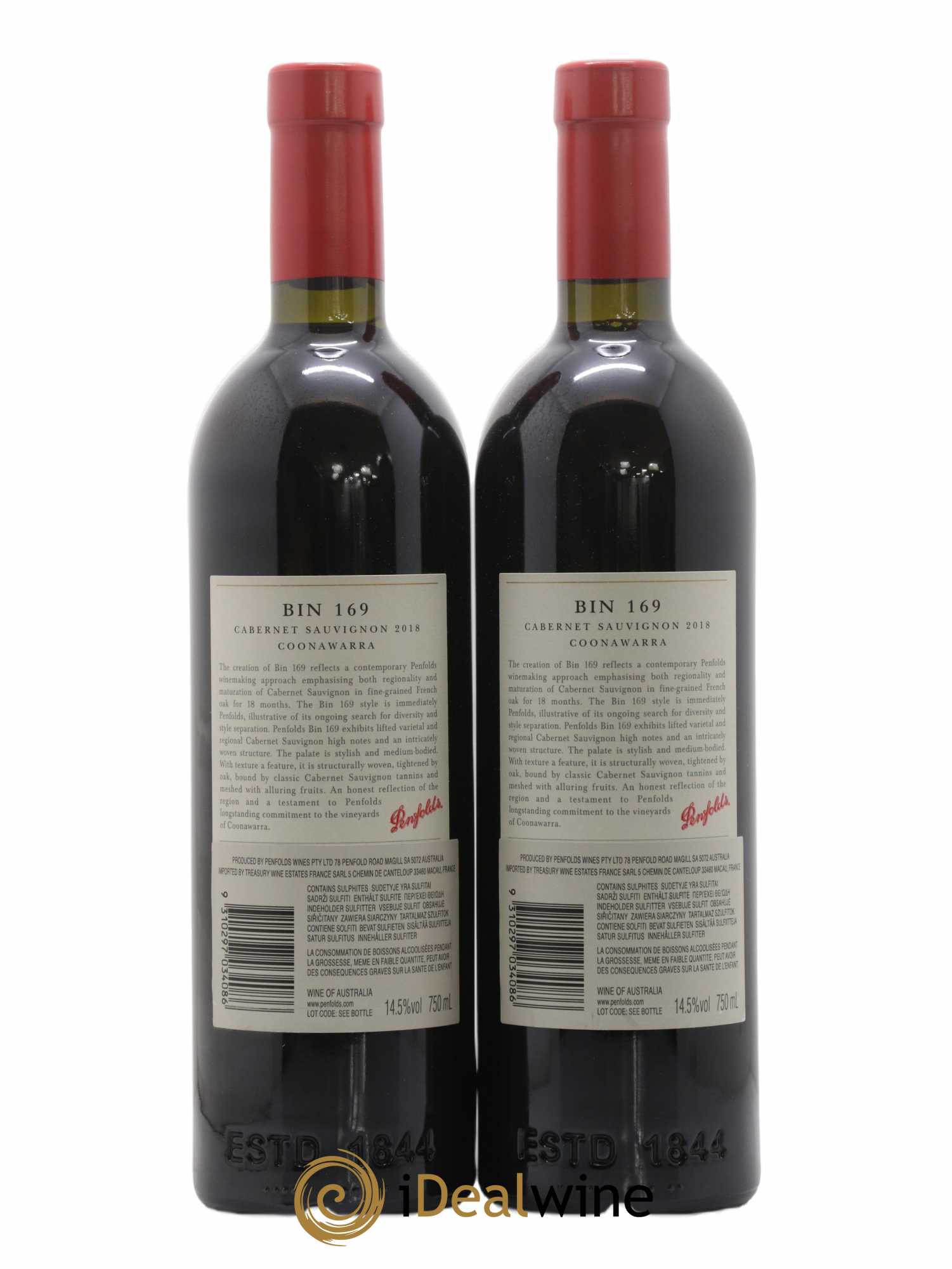 Coonawarra Penfolds Wines Bin 169 Cabernet sauvignon  2018 - Lot de 2 Bouteilles