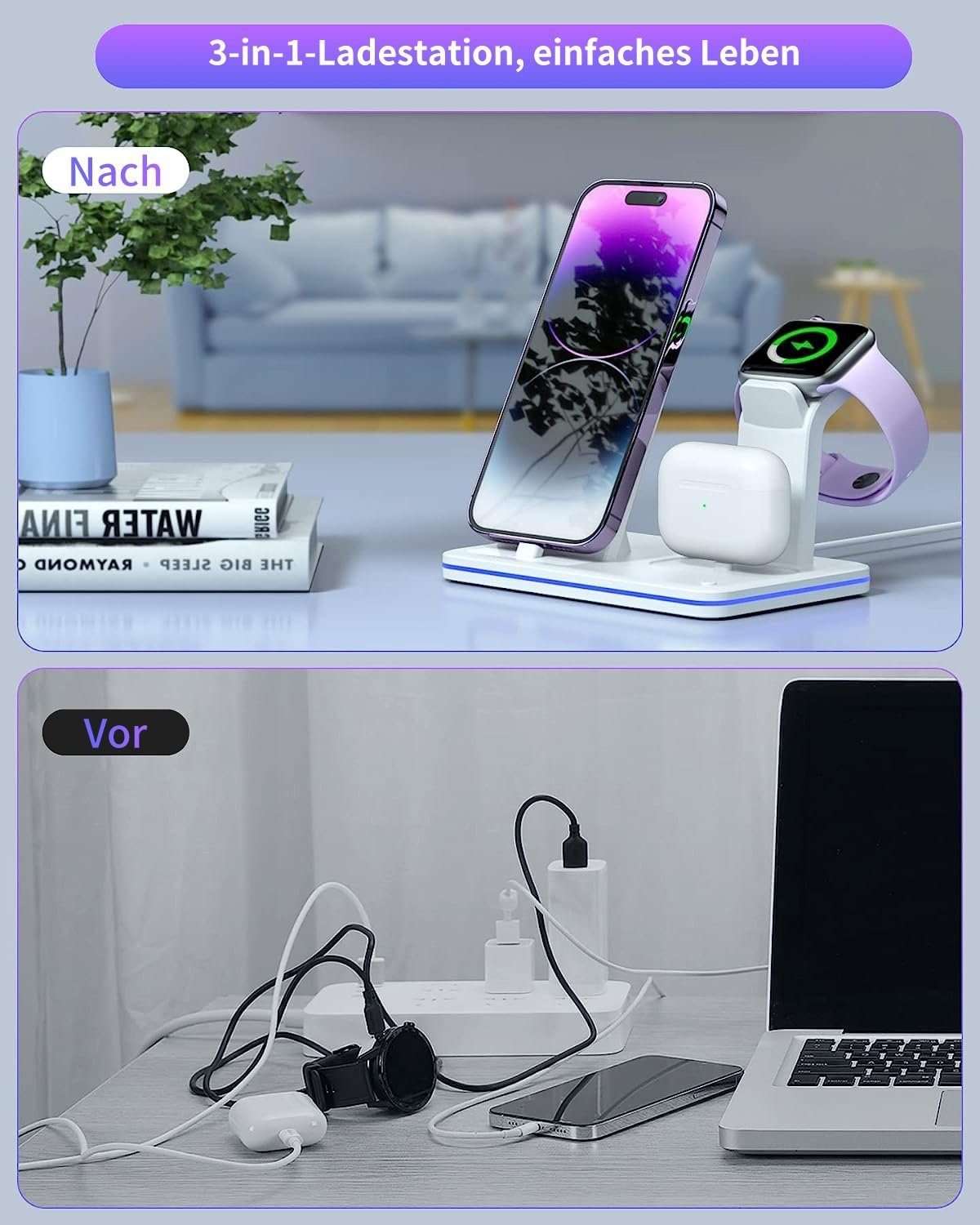 Yaviel Handy-Dockingstation Induktive Ladestation Apple 3 in1 für iPhone iWatch Airpods, (18W Kabellose Ladegerät, Kabellose Charger Lightning Kabel), Wireless Charger für Handy Charging Station