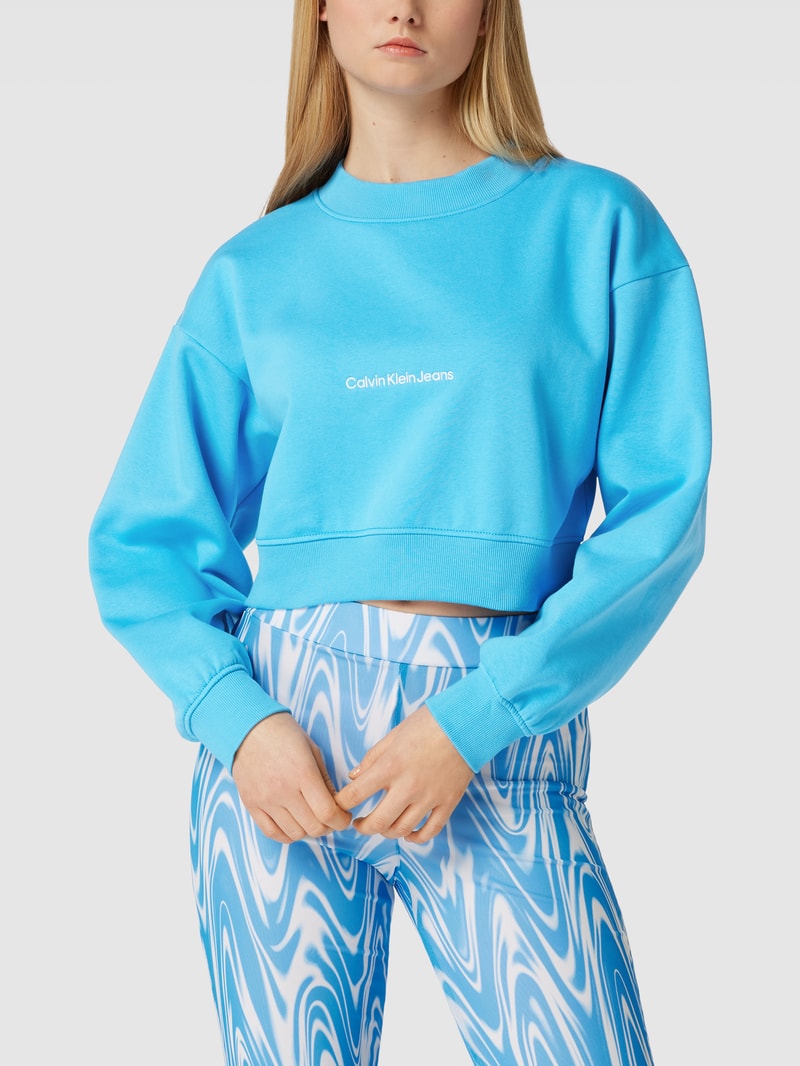 Cropped Sweatshirt mit Label-Stitching in bleu