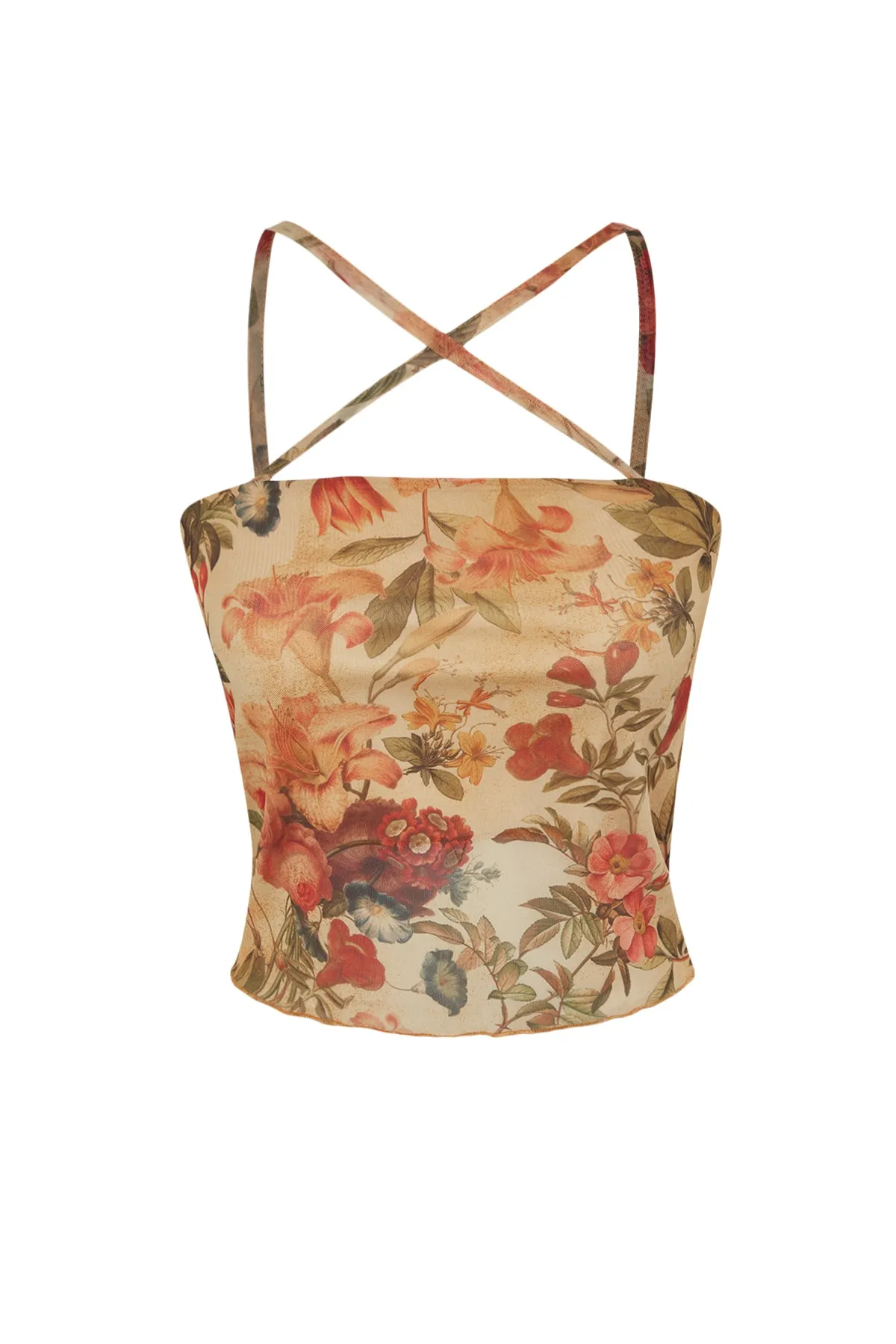 Trendyol Collection  Mehrfarbige, floral gemusterte, taillierte, bauchfreie, gefütterte Strickbluse aus dehnbarem Tüll TWOSS23BZ00710
