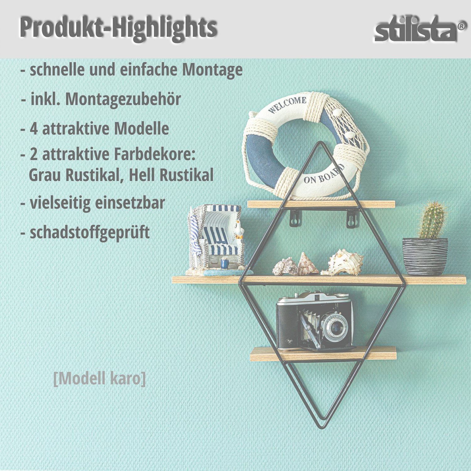 STILISTA Wandregal Design Regal Bücherregal Schweberegal Hängeregal, Industriedesign, Holzböden, Farb- und Modellwahl