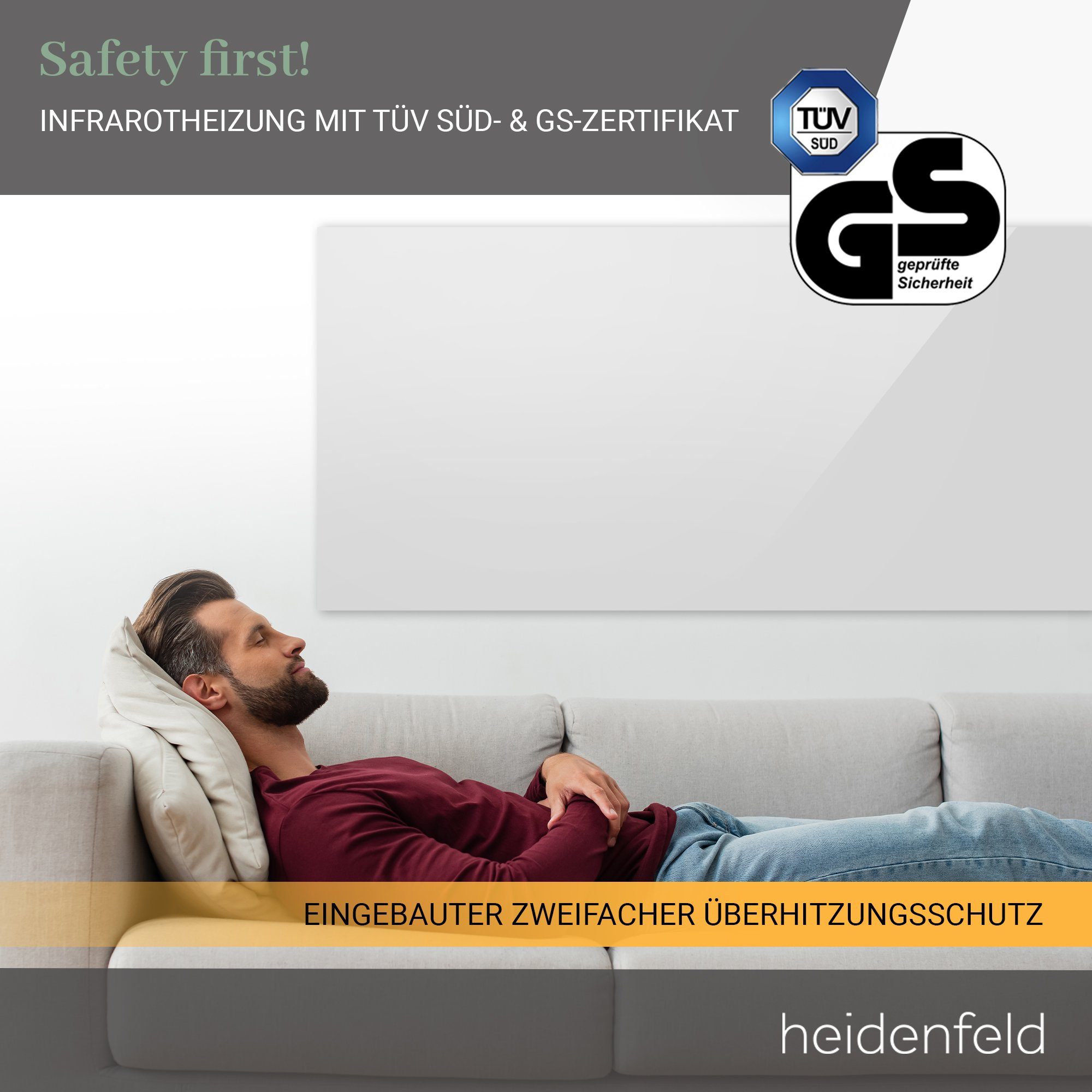 Heidenfeld Infrarotheizung 300 - 1200 W Wand Decken Elektroheizung HF-HP130 - 10 J. Garantie, Fernbedienung - Fenster-Auf-Erkennung - Infrarot Heizung Heizkörper