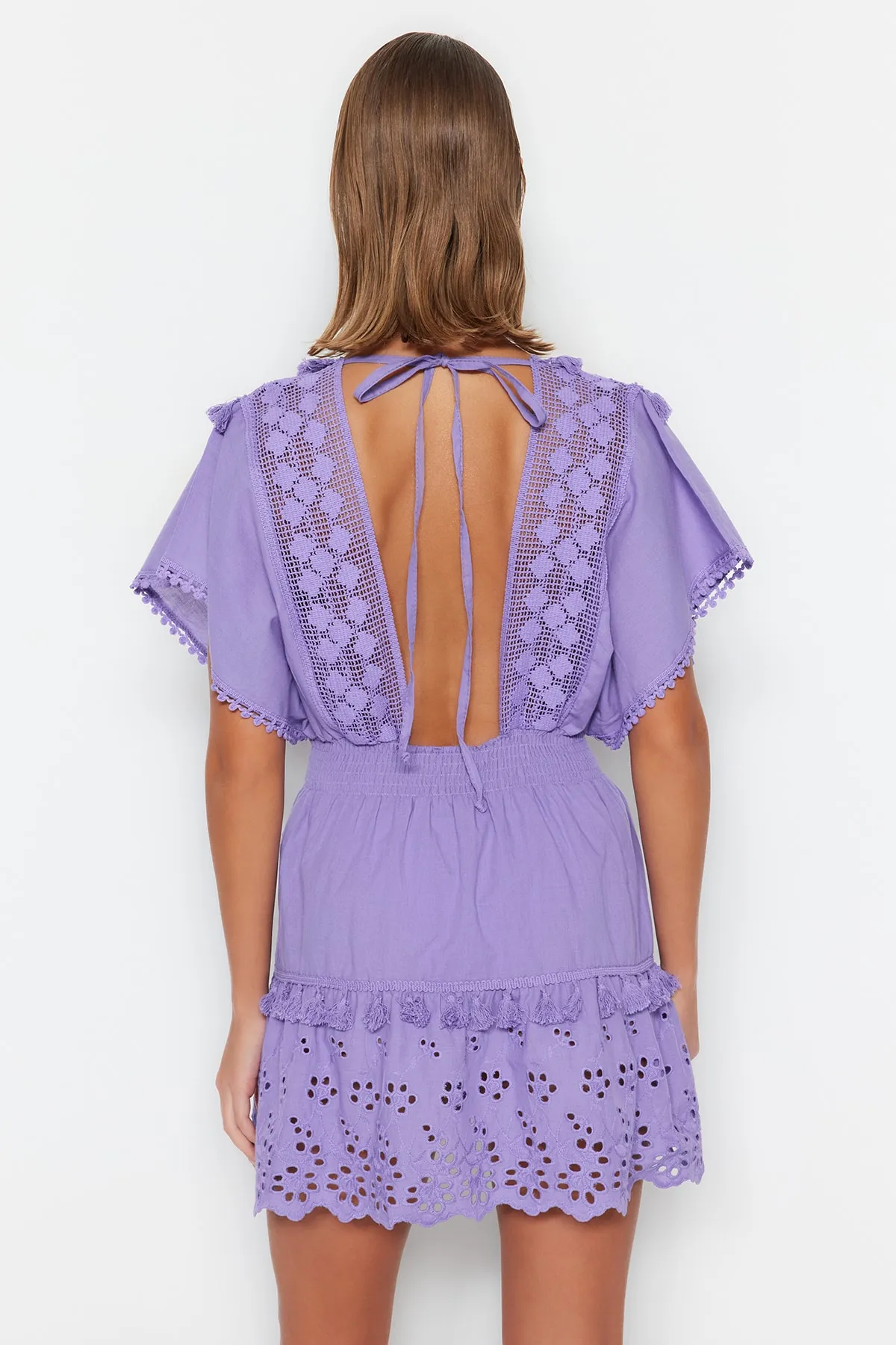 Trendyol Collection  Lila Mini-Strandkleid aus 100 % Baumwolle mit gewebter Stickerei und detailliertem Detail TBESS21EL1248