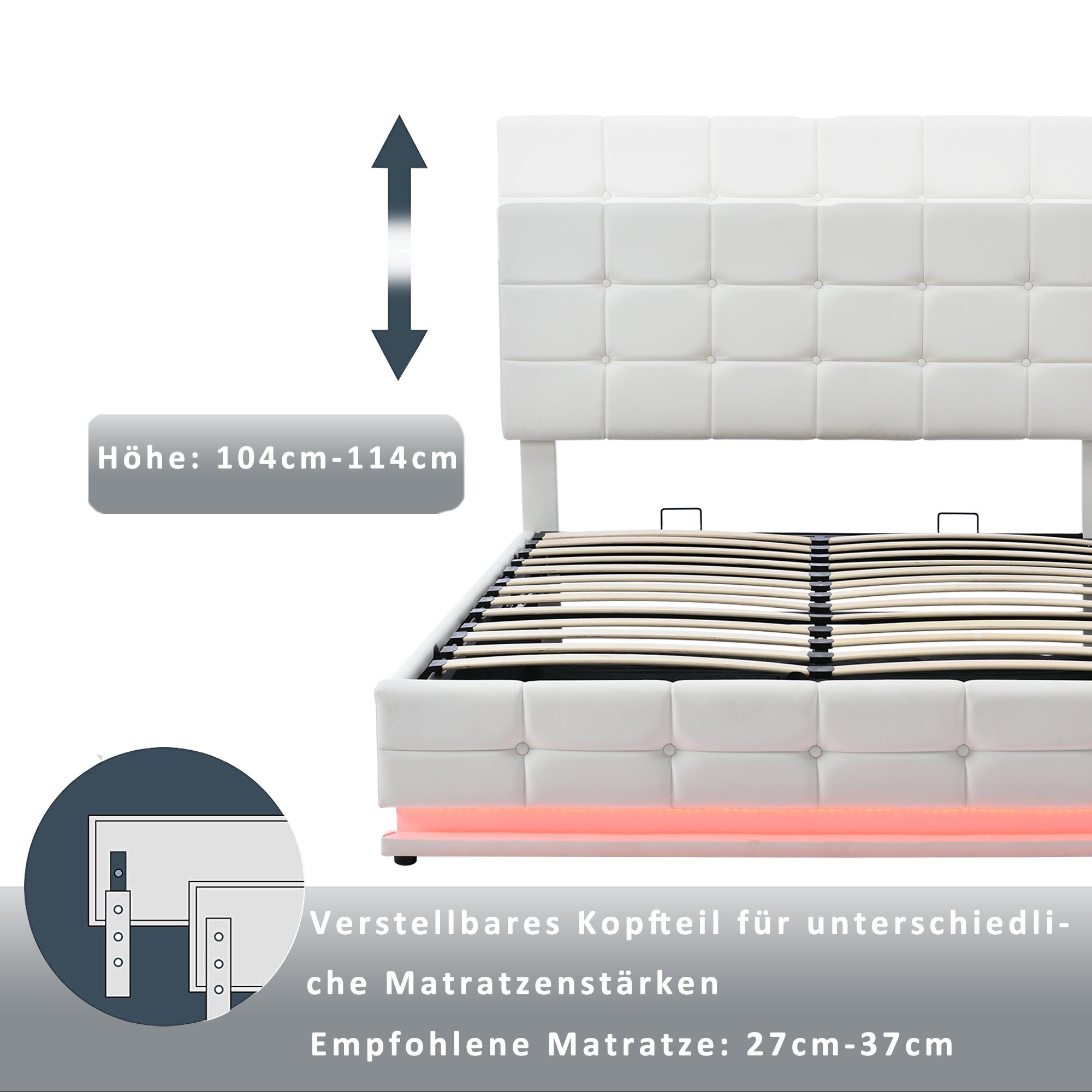 Merax Polsterbett Hydraulisch mit Bettkasten inkl. LED-Beleuchtung, Kunstleder Bezug, Doppelbett 140x200 cm mit Lattenrost, Stauraumbett, Funktionsbett