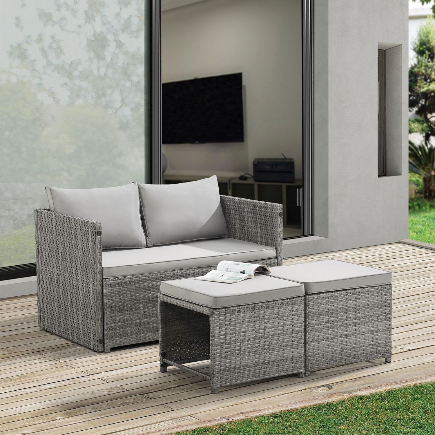 Juskys Gartenlounge-Set Jamaika, 2in1 Polyrattan Set, wetterbeständig