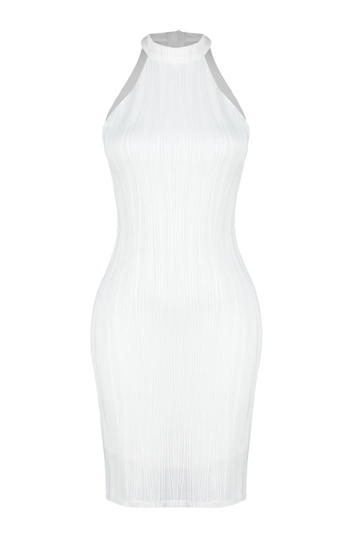 Trendyol Collection  Weißes strukturiertes Neckholder-Bodycone/Body-Wrap-Strick-Mini-Bleistiftkleid TWOSS24EL00472