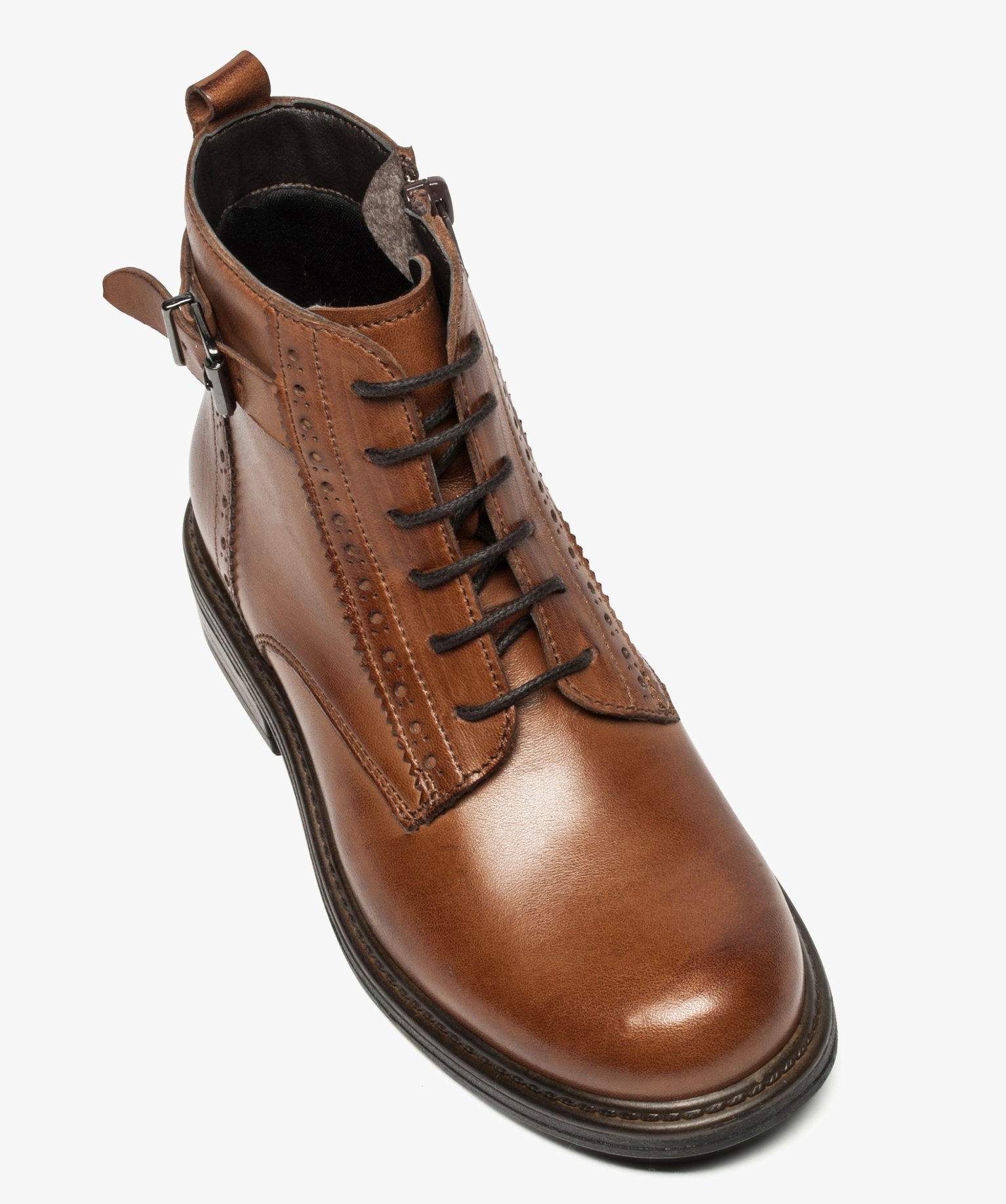 Boots fille zippées dessus cuir uni avec bordures perforées | GEMO