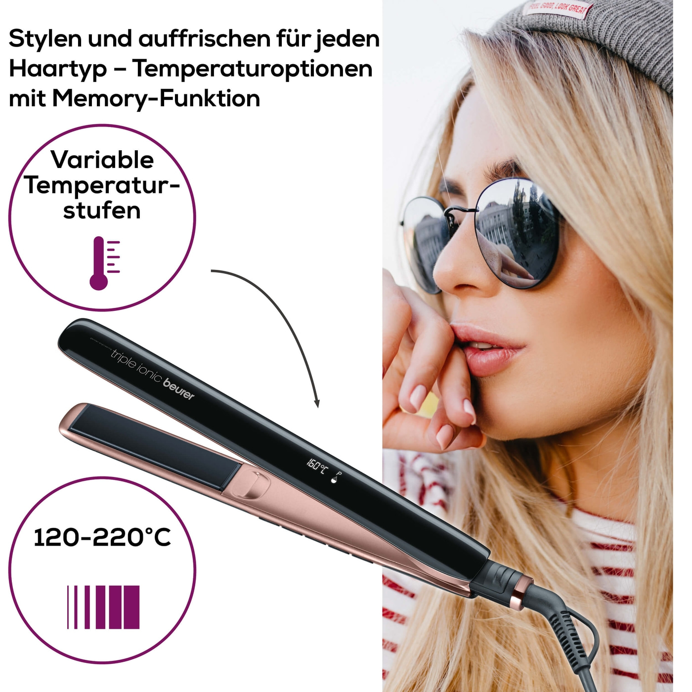 Beurer Haarglätter - HS 80-Glätteisen mit 3 Stufen Ionen Funktion & Schutzfunktion fürs Haar