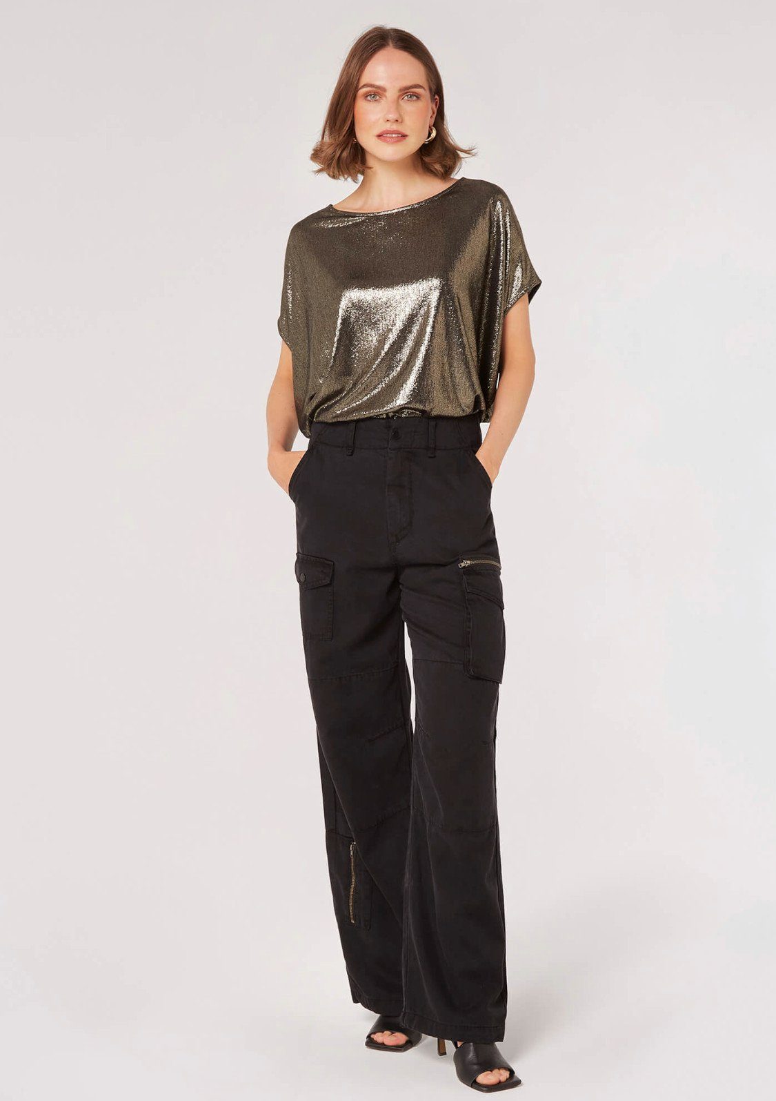 Apricot Shirttop Solid Sparkle Cocoon Top (1-tlg) im Metallic-Look