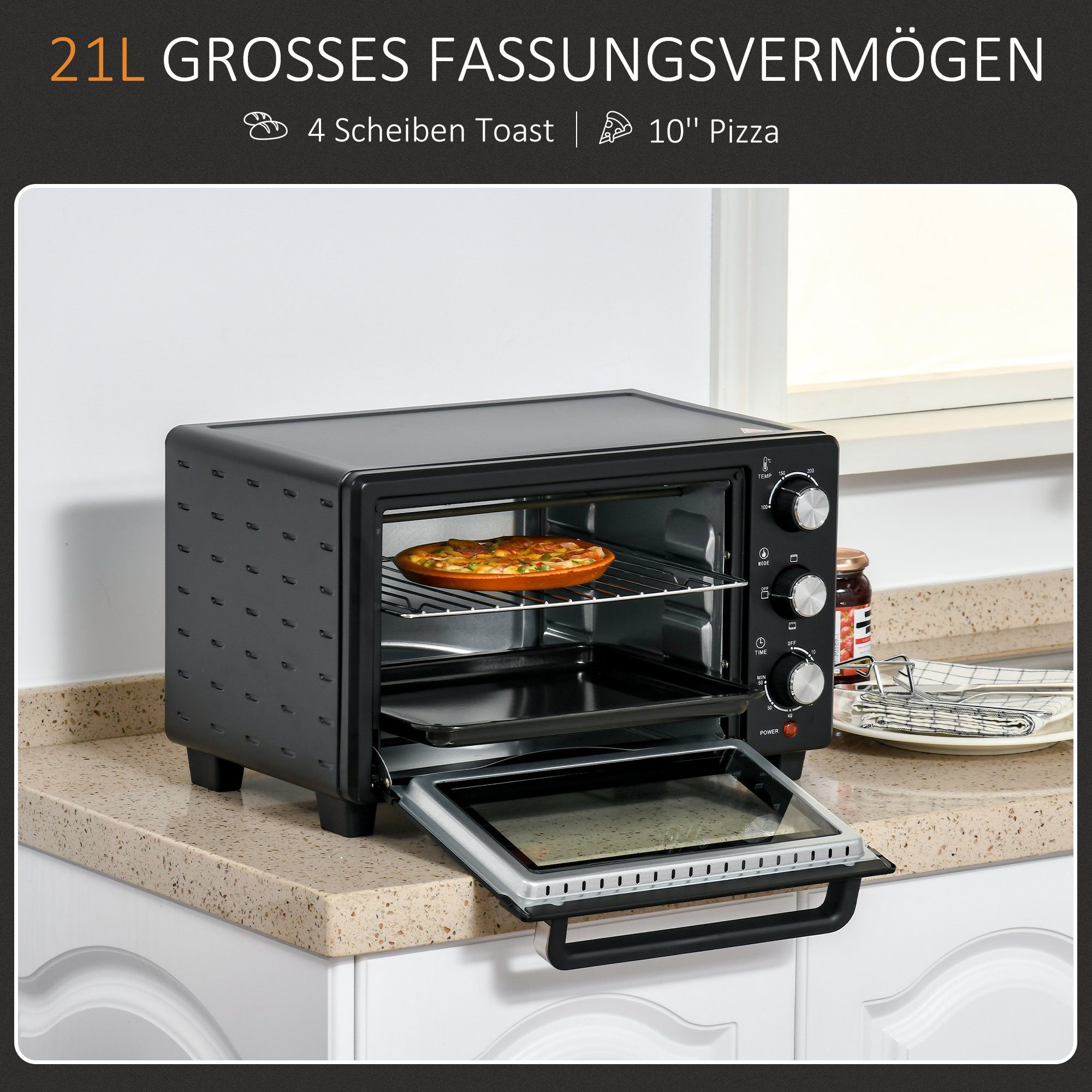 HOMCOM Minibackofen Minibackofen, 21L einstellbare Temperatur Ofen 3 Kochmodi Schwarz+Silber