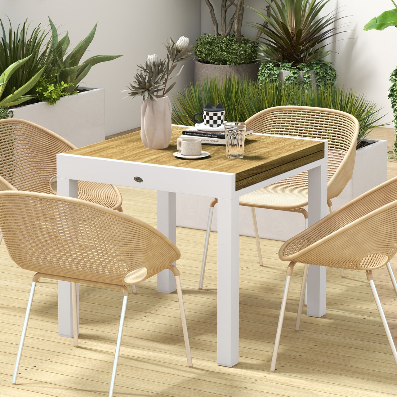 Outsunny Gartentisch Ausziehbarer Esstisch für Garten Terrassentisch für 6 Personen Weiß