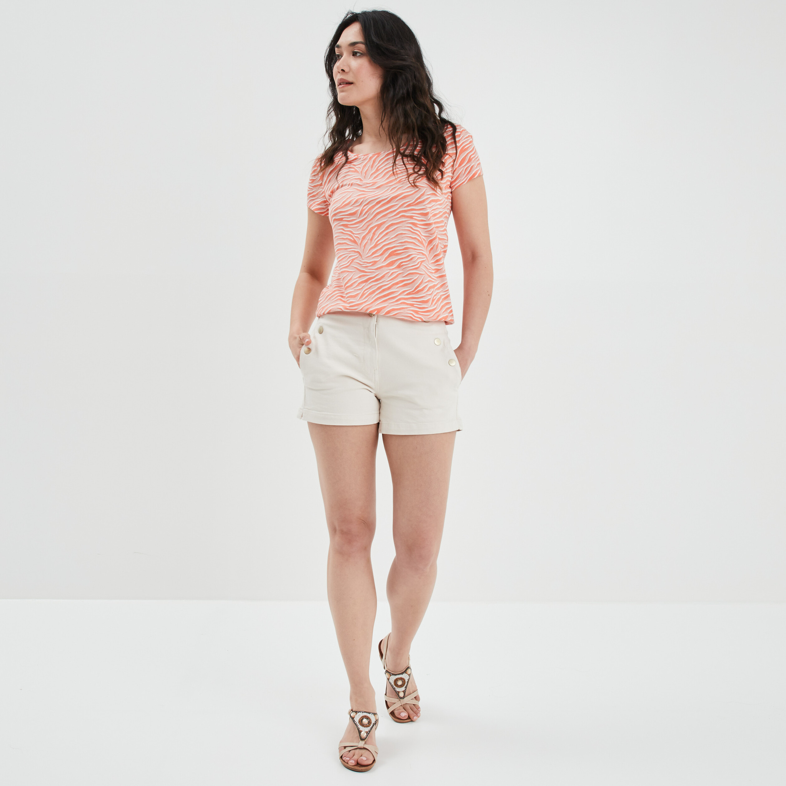 T-shirt imprimé coupe ajustée orange clair femme | La Halle