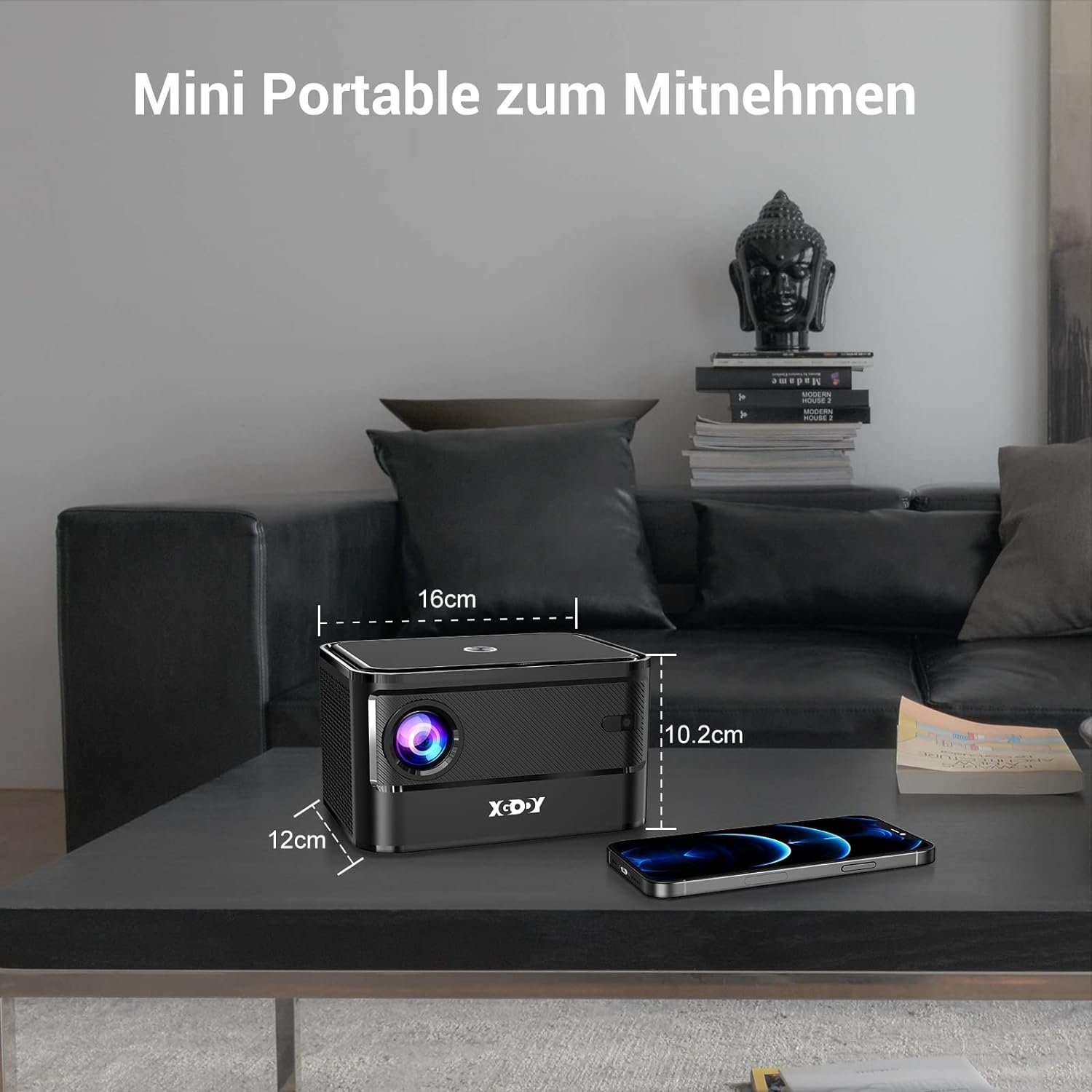 XGODY Portabler Projektor (9000 lm, 3000:1, 1920 x 1080 px, Projektor mit WLAN und Bluetooth 1080P Unterstützung HD Mini Heimkino)