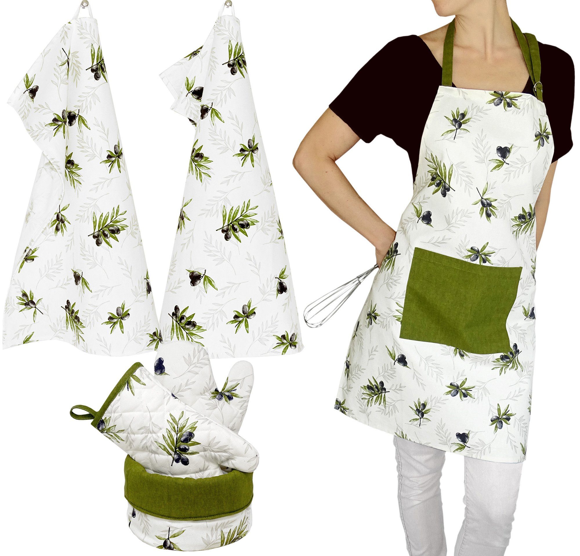 Lashuma Topfhandschuhe Olive, (Set, 2-tlg), Ofenhandschuhe 30x20 cm, Mediterrane Kochhandschuhe