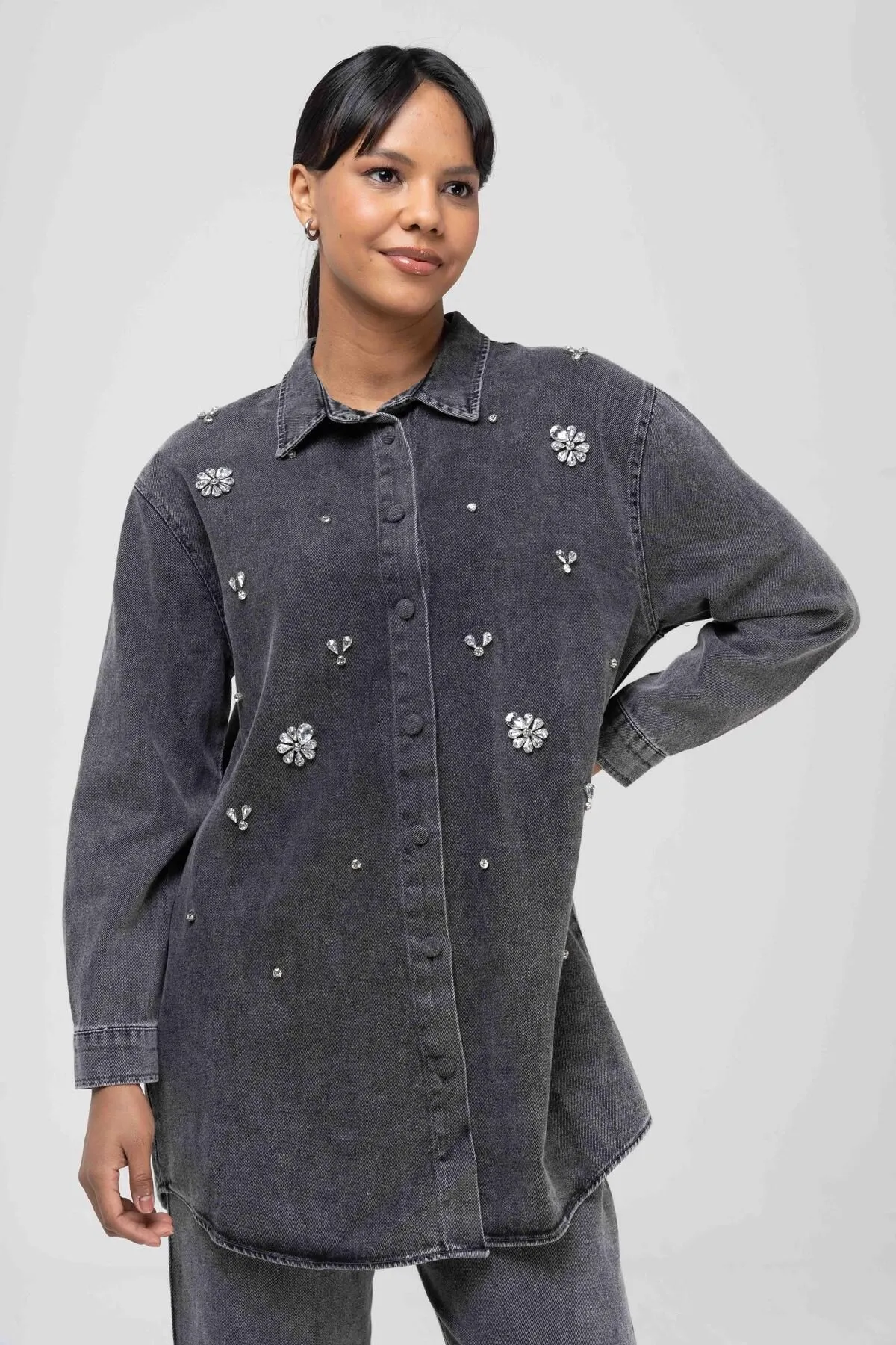 Olcay  Tuniği Jeansanzug mit Steinerbsen und Hose mit elastischer Taille ANTHRAZIT 9225-TK