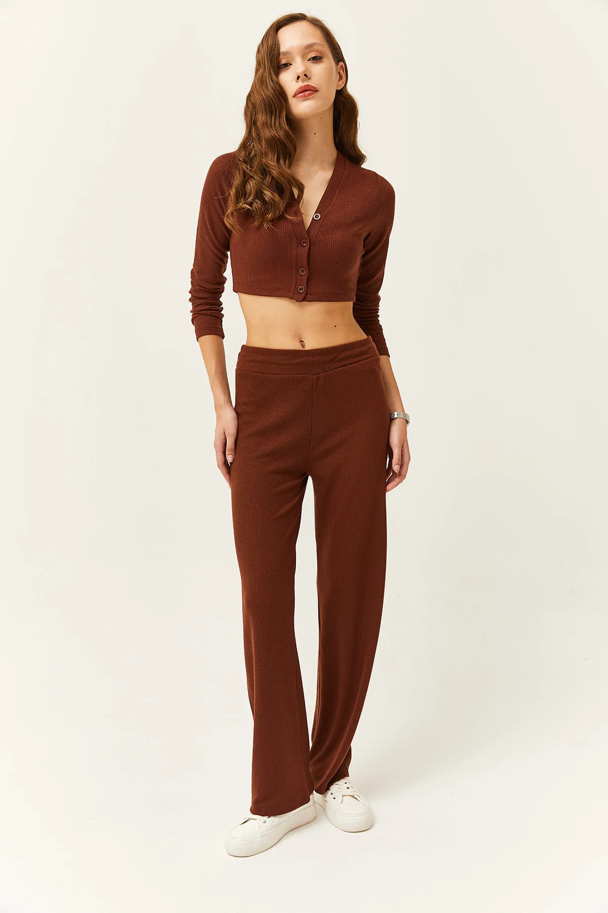 Olalook  Damen Bitter Coffee Cardigan Unten Oben Gerippt Team TKM-19000235