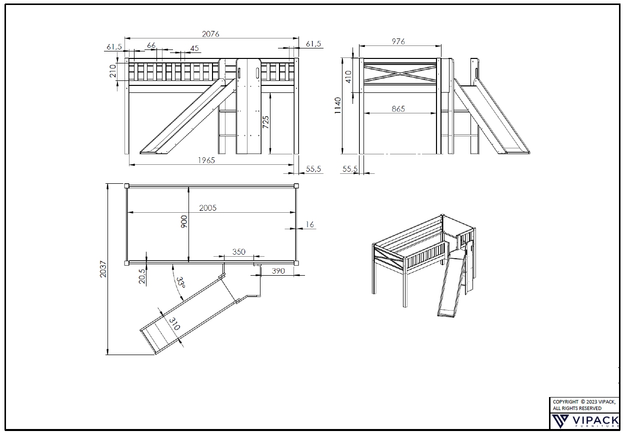 VIPACK Spielbett SCOTT, LF 90 x 200 cm, mit Rolllattenrost, Rutsche, Leiter und Textilset Vorhang und 3 Taschen 