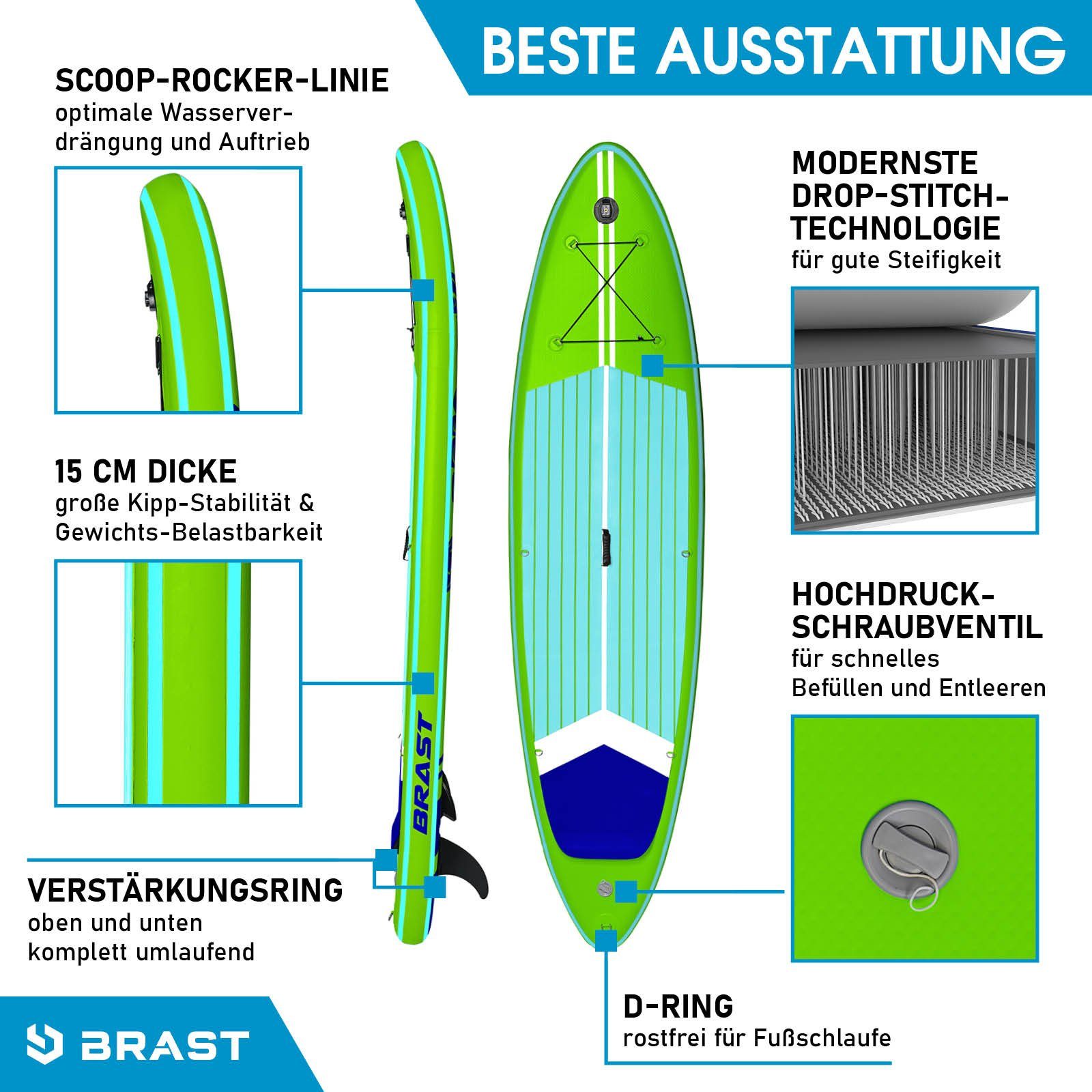 BRAST SUP-Board BRAST SUP Board SUPER Set Aufblasbares Stand up Paddle mit extra Zubehör 320x81x15cm Grün incl. Kajaksitz Kamerahalterung Paddel Fußschleife Rucksack Pumpe