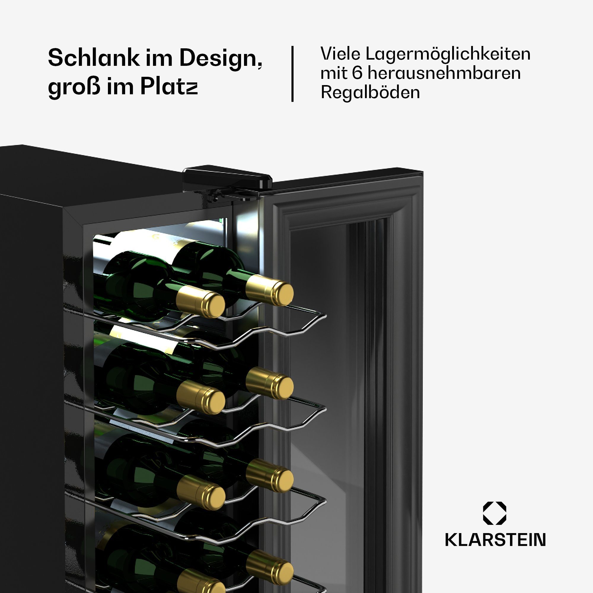 Klarstein Weinkühlschrank Shiraz 14 Slim Uno, für 14 Standardflaschen á 0,75l,Wein Flaschenkühlschrank Weintemperierschrank Weinschrank Kühlschrank