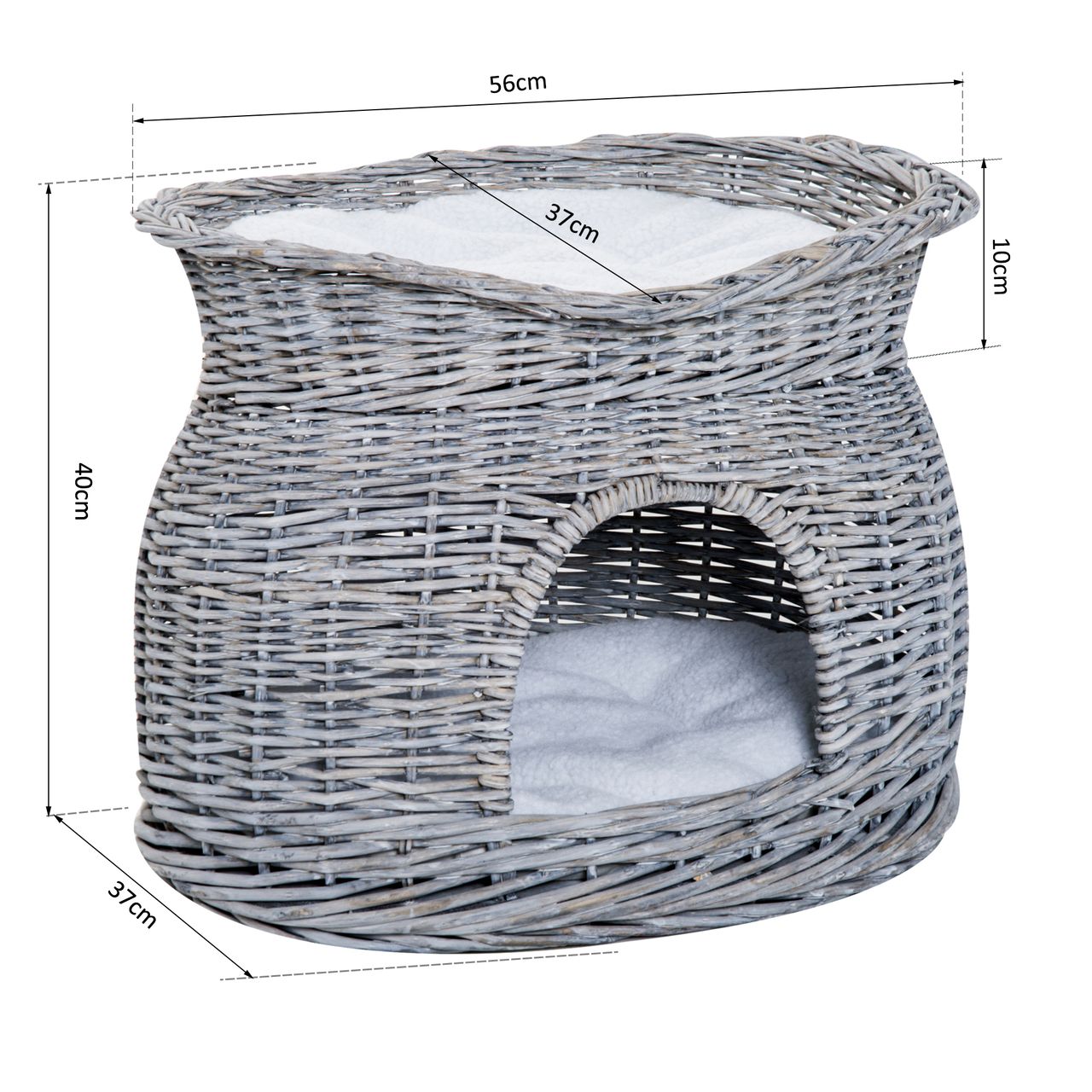 PawHut zweistöckiges Katzenhaus, Katzenbett Katzenhöhle, Katzenkorb mit 2 Kissen, Weidenkorb mit Liegedach, Grau, 56 x 37 x 40 cm