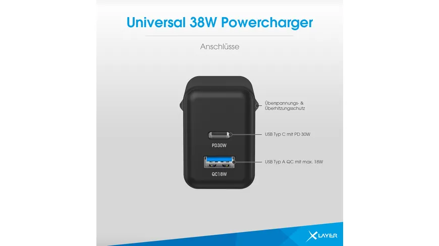 XLayer Universal 38W Powercharger USB Typ C & USB Typ A Black