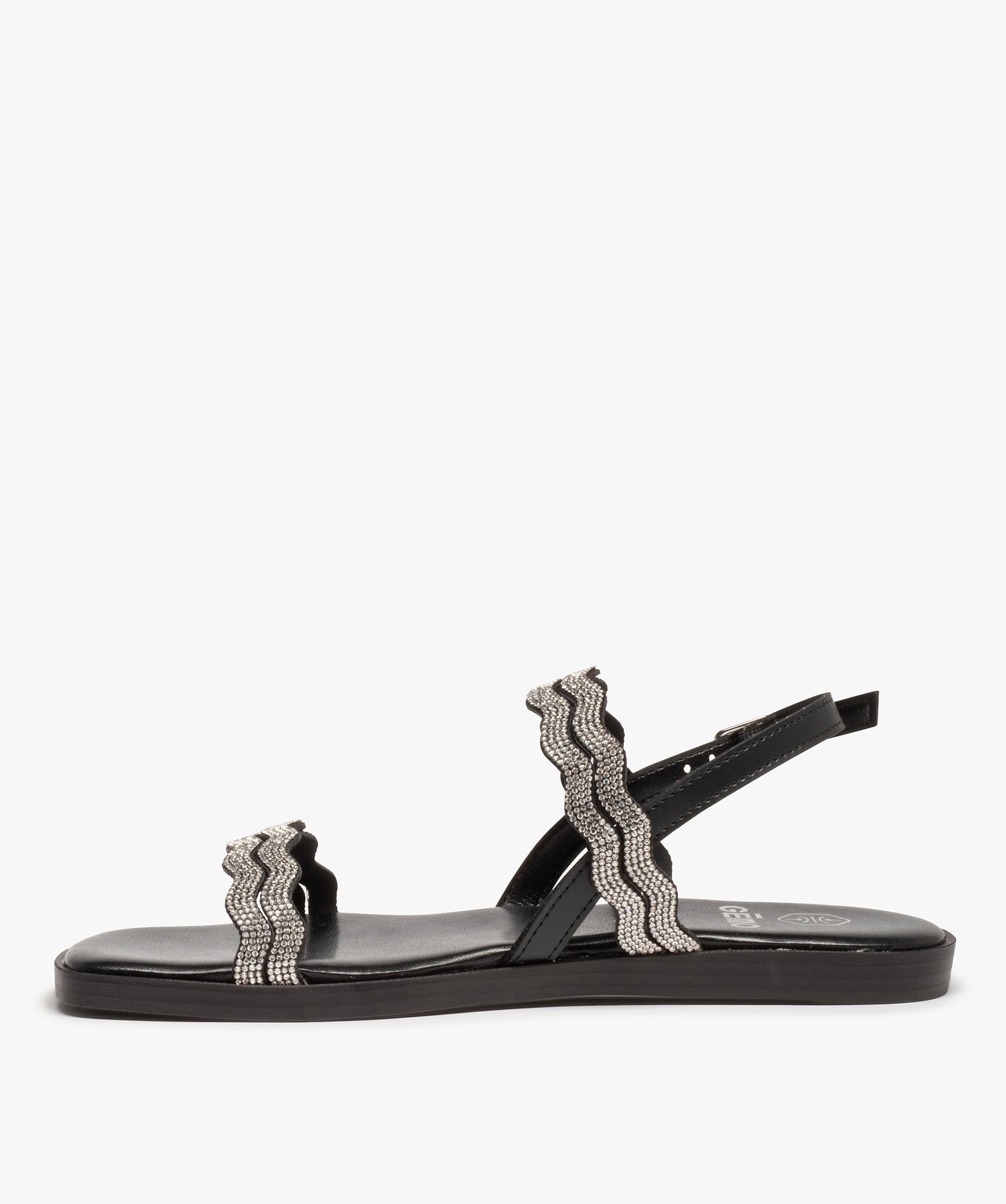 Sandales femme à talon plat et brides strass noir | GEMO