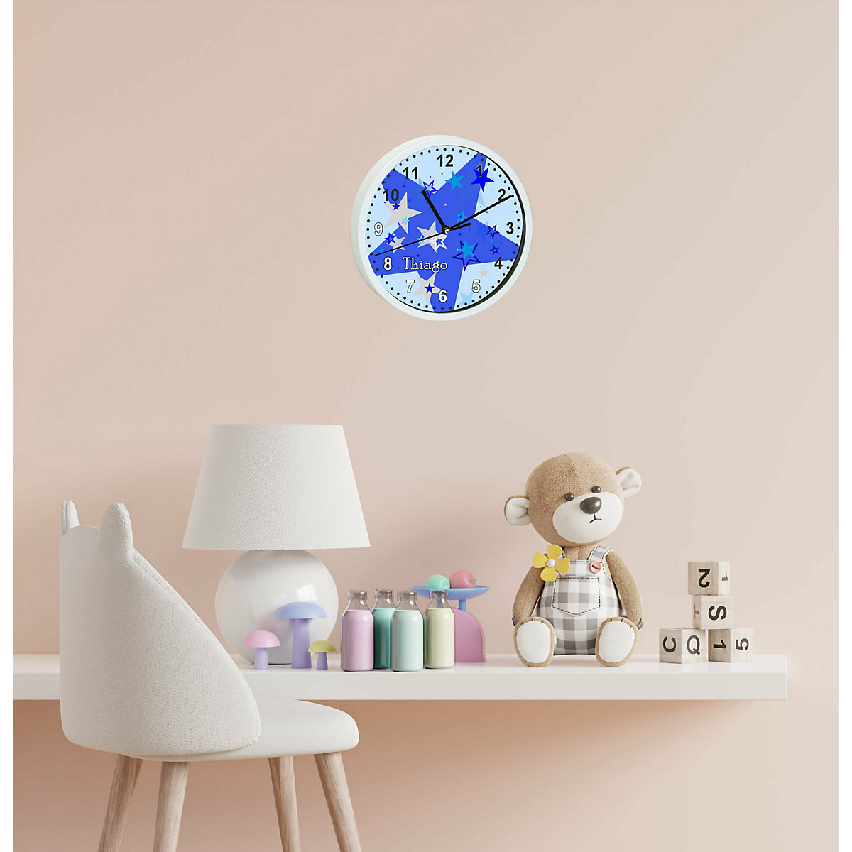 Kinder Wanduhr personalisiert mit Name Sternenhimmel Blau Grau