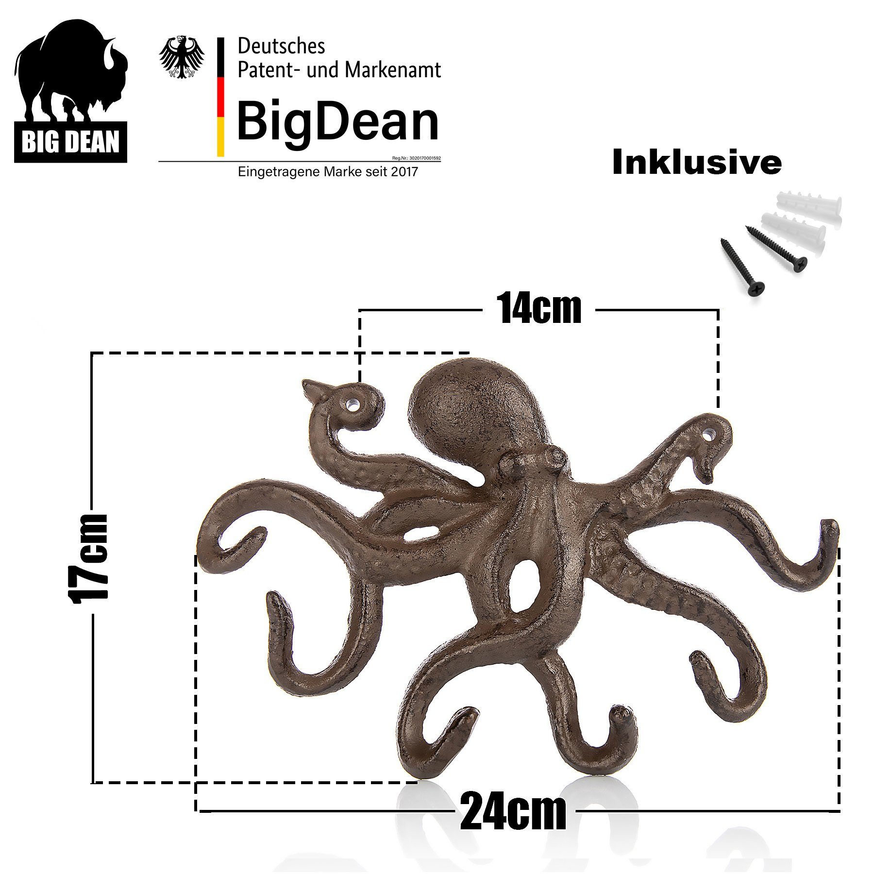 BigDean Schlüsselbrett Oktopus Design Schlüsselhaken Krake Schwar