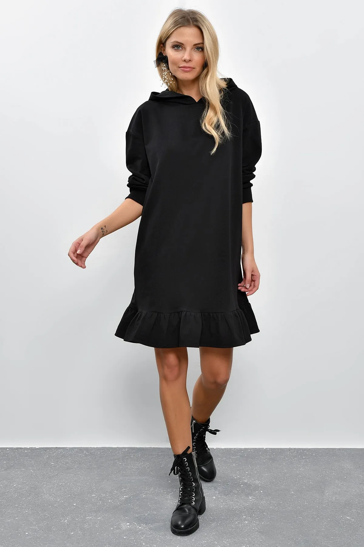 Cool & Sexy  Schwarzes Volant-Sweatkleid mit Kapuze für Damen B40