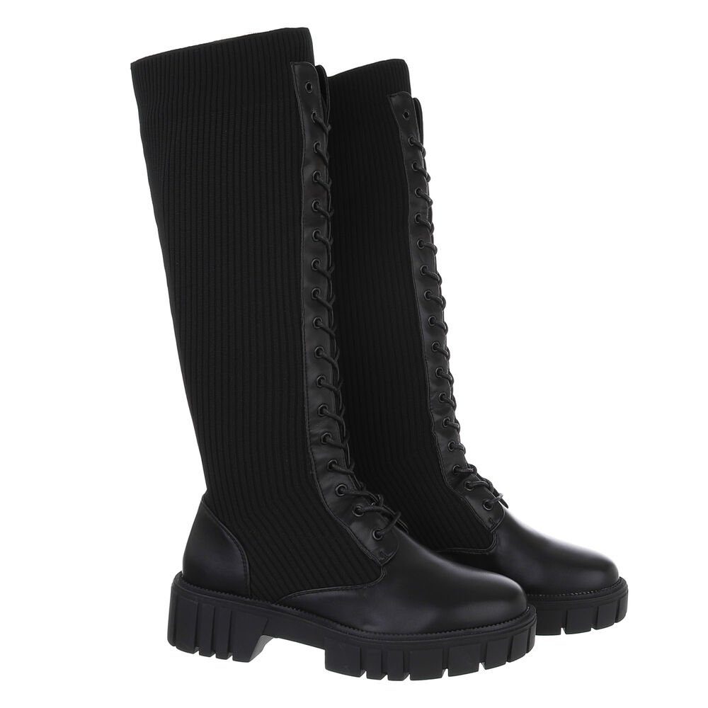 Ital-Design Damen Schnürschuhe Freizeit Plateaustiefel Blockabsatz Schnürstiefel in Schwarz
