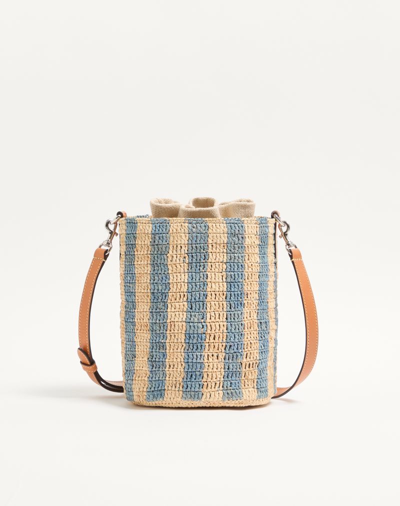 Valentino Garavani lille stribet raffia-buckettaske