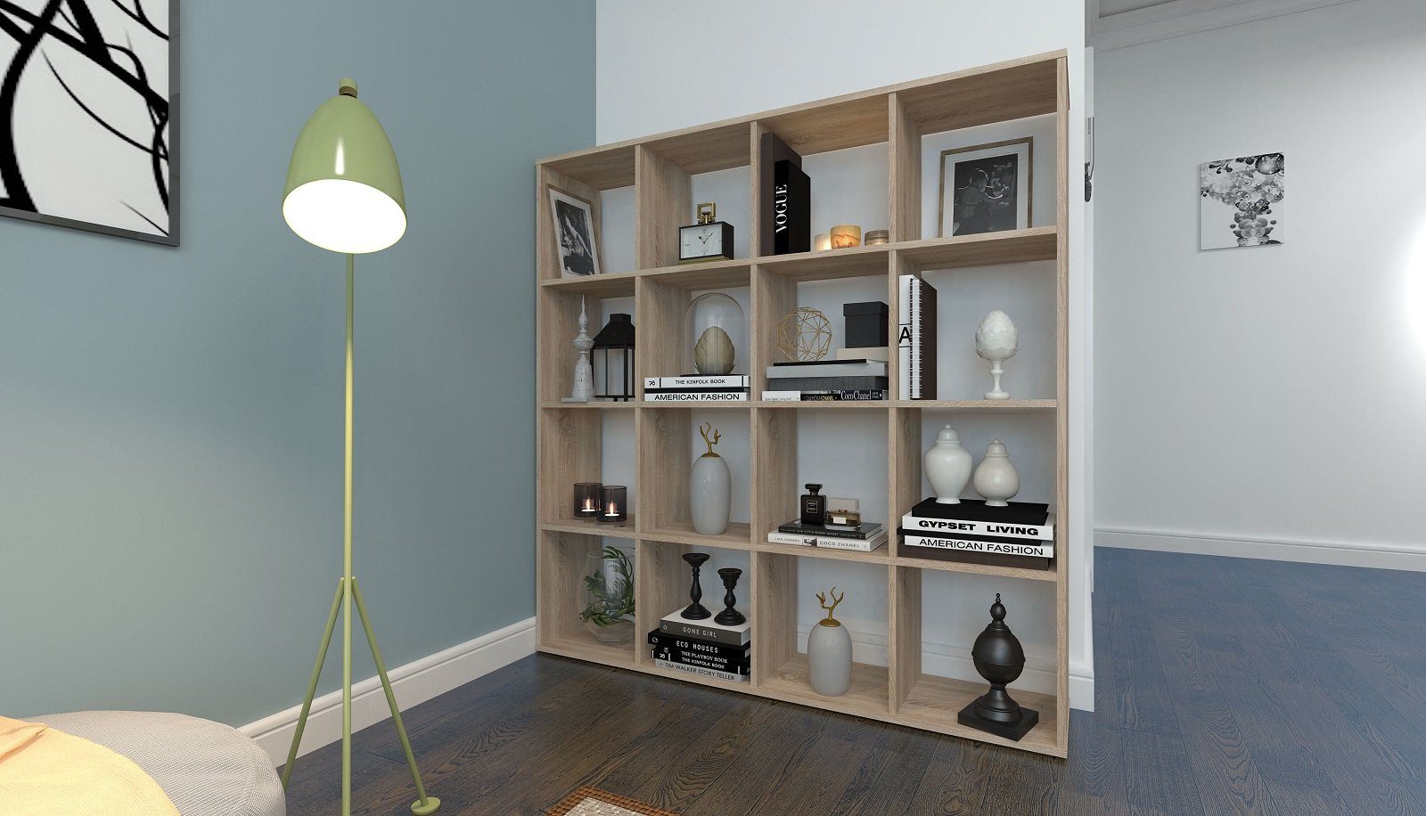 Polini Home Raumteilerregal Polini Home Raumteiler Bücherregal Regal Eiche 16 Fächer