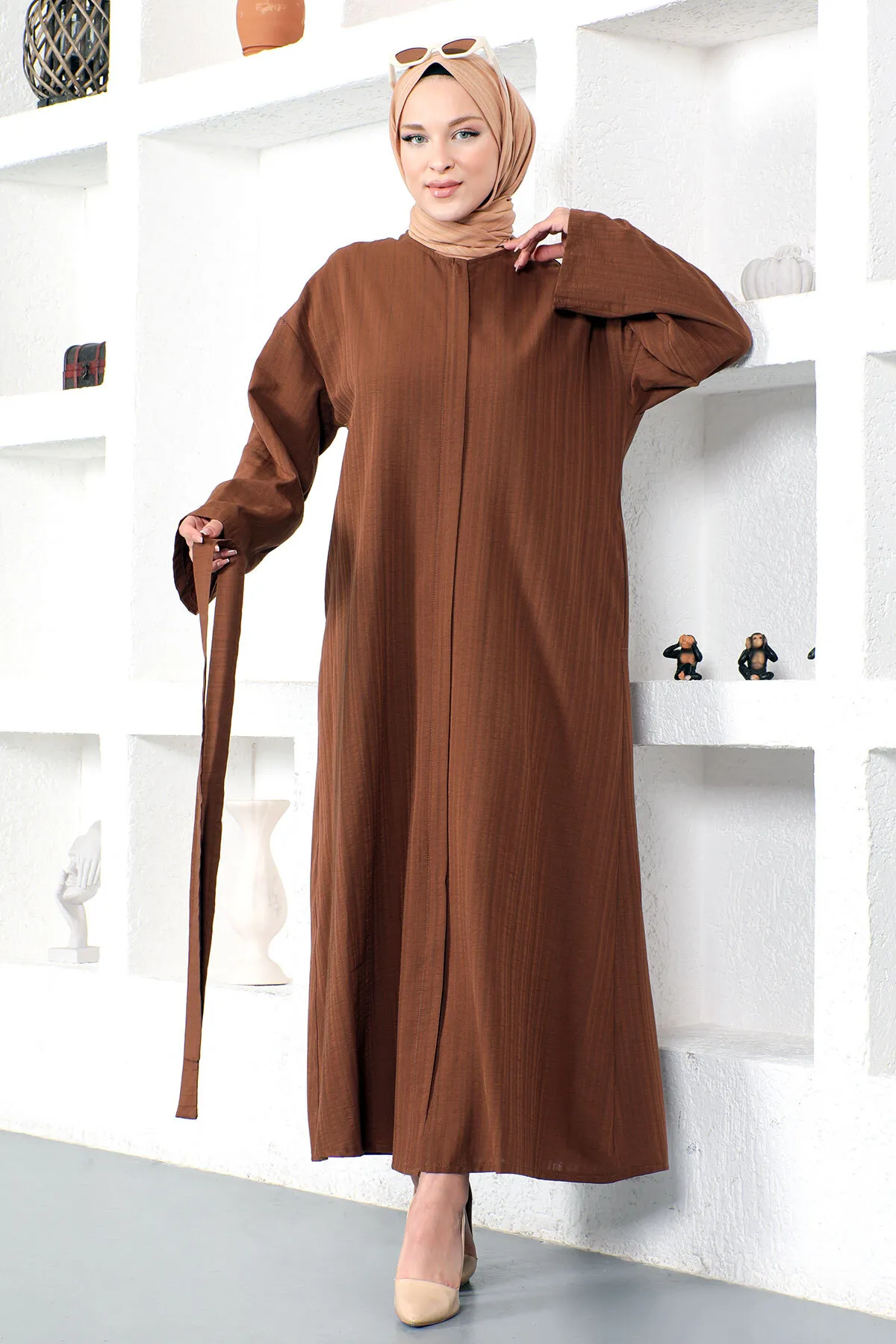 Tesettür Dünyası  Abaya mit Gürtel Tsd230203 Braun