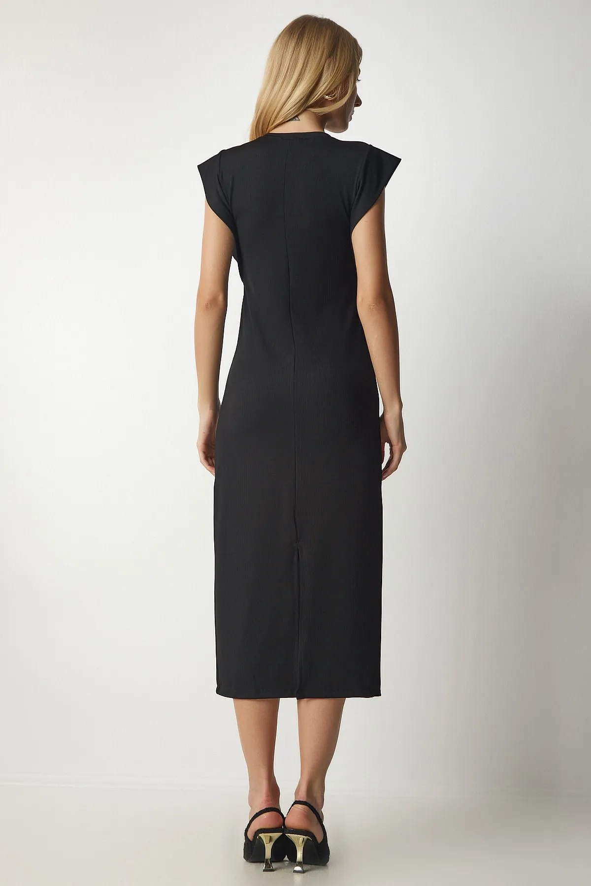 Happiness İstanbul  Schwarzes ärmelloses Cord-Bleistiftkleid für Damen MC00217