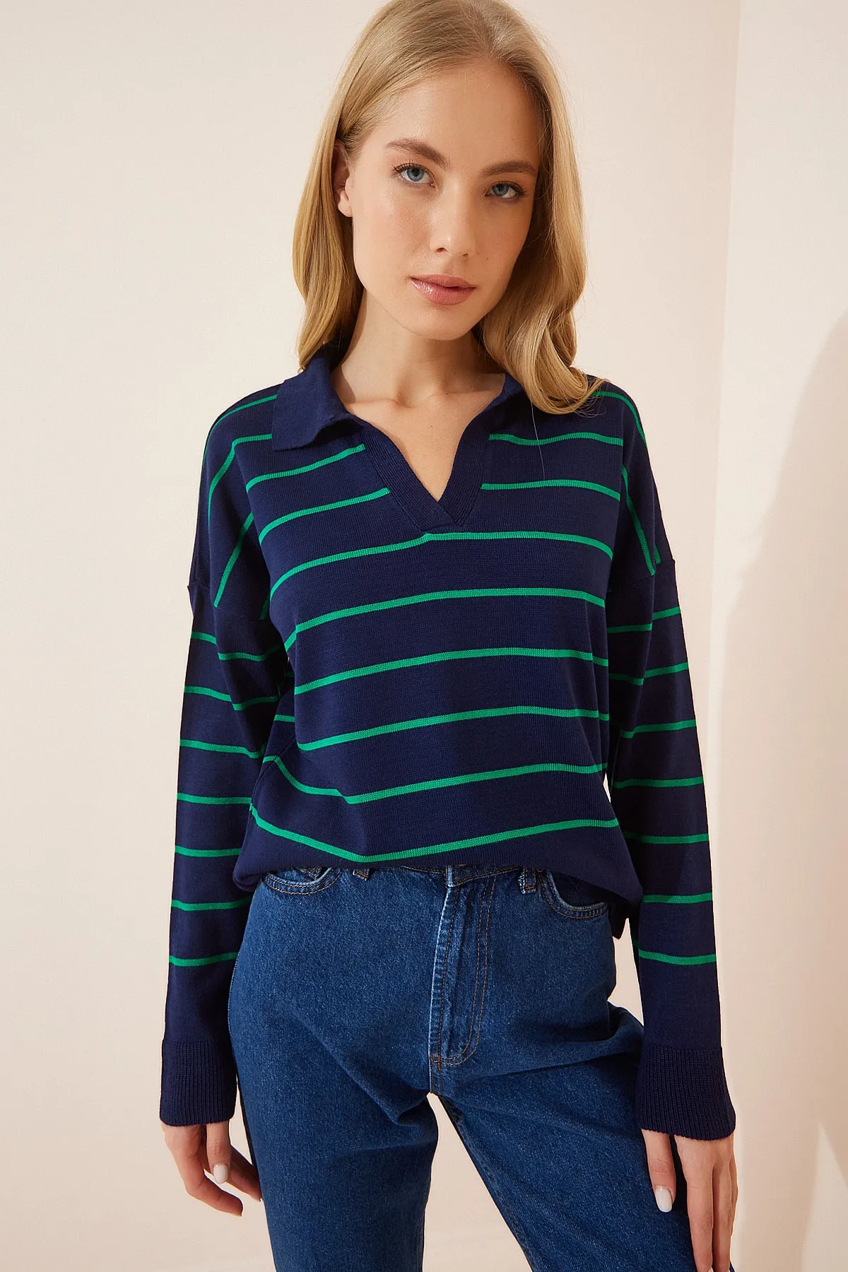 Happiness İstanbul  Grüner, marineblauer gestreifter Damen-Strickpullover mit Polokragen, Saison-Strick BV00012
