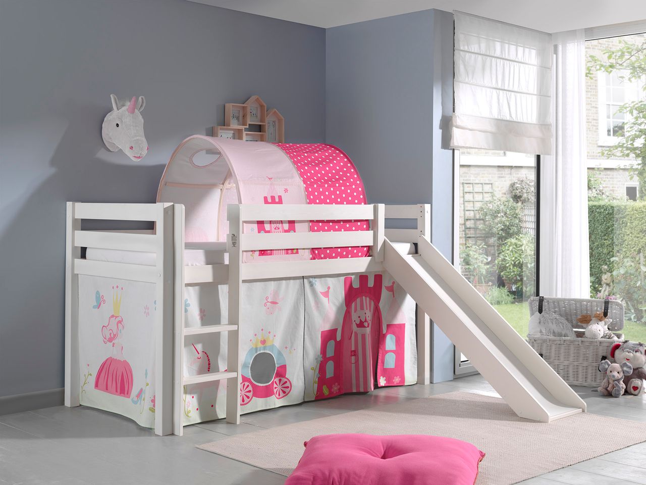 VIPACK Spielbett Pino inkl. Rutsche mit Textilset Vorhang und Tunnel 
