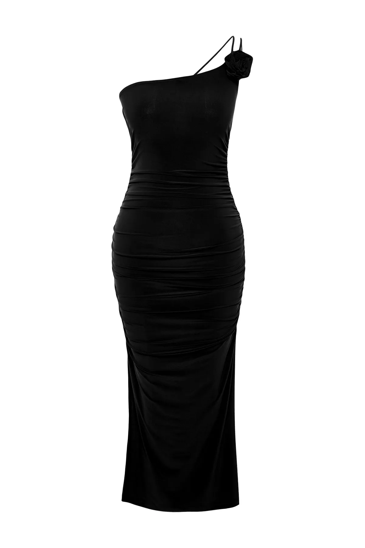 Trendyol Collection  Schwarzes Accessory Rose Detailreiches, gerafftes, figurbetontes, flexibles Strick-Midi-Bleistiftkleid TWOSS24EL00413