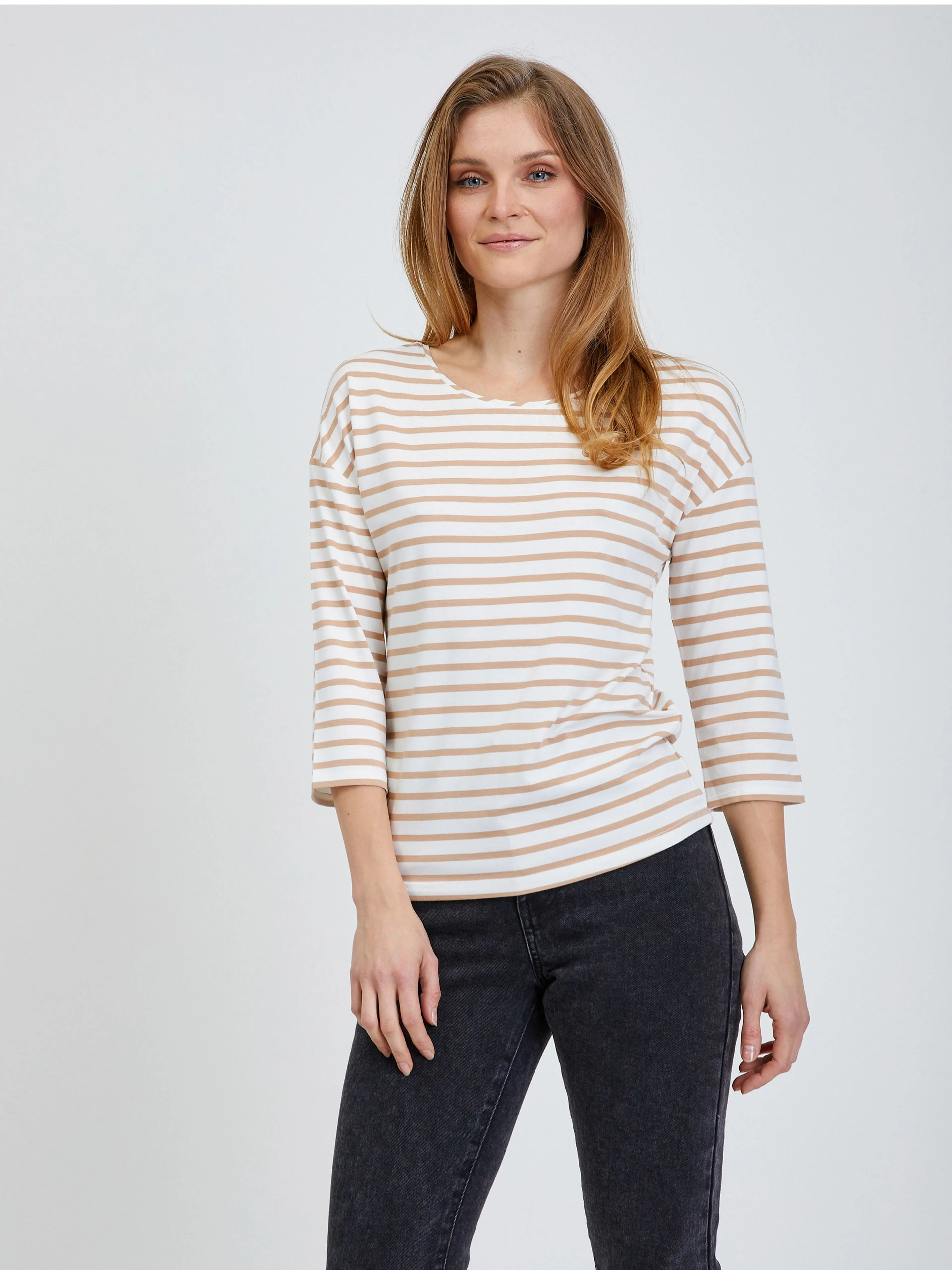Beige gestreiftes T-Shirt mit Dreiviertel Ärmeln ORSAY