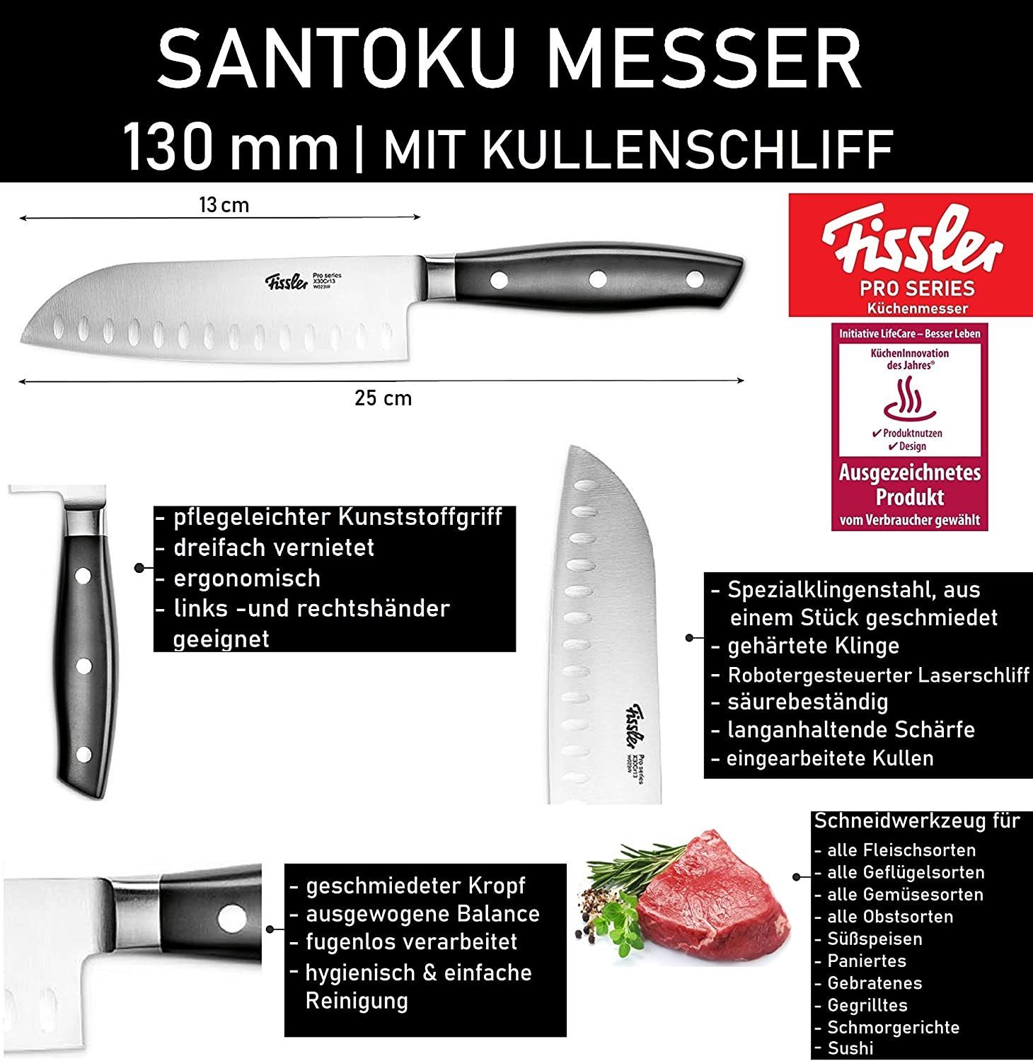 Fissler Messer-Set Profi Küchenmesser Kochmesser Fleischmesser Brotmesser Sushimesser (rostfrei, vernietete Griffe, Spülmaschinenfest, Gemüsemesser, Messer, gehärtete Spezialklingen, extra scharf), Messerset, Küchenmesser Fleischmesser, Allzweckmesse