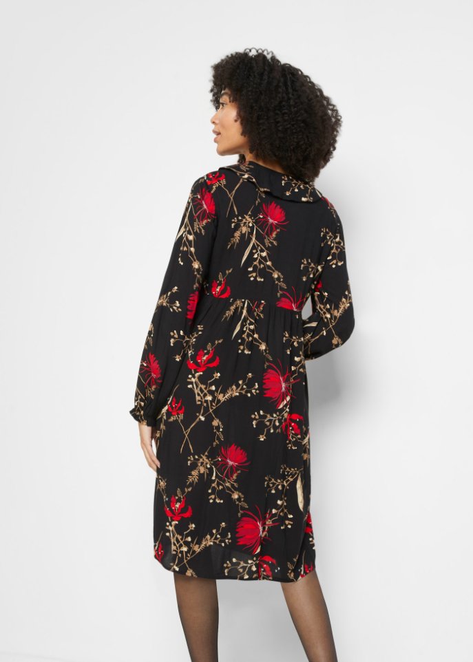 Knieumspielendes Webkleid mit Bubikragen und Teilungsnaht unter der Brust, A-Linie