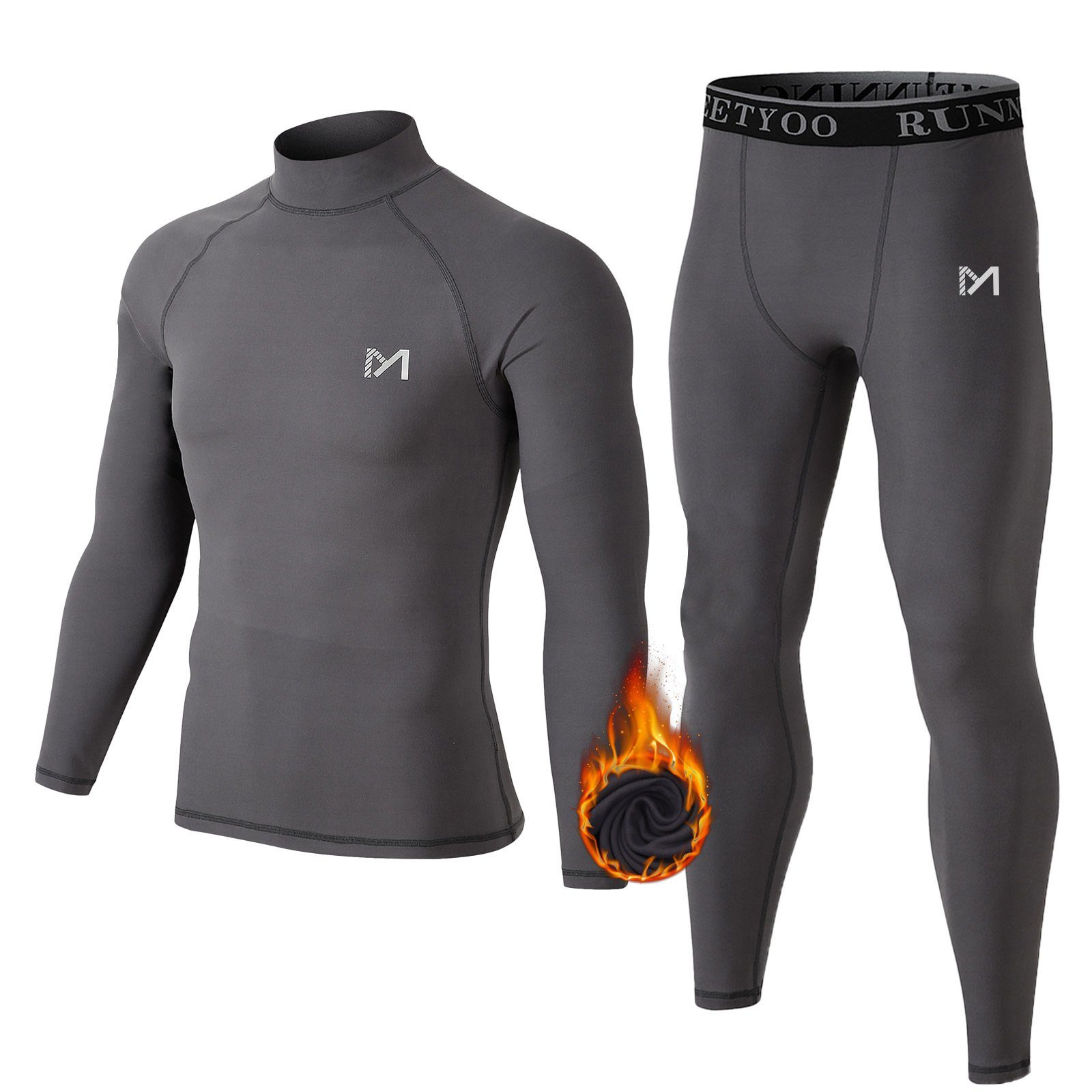 MEETYOO Thermounterhemd Skiunterwäsche Herren (Fleece Funktionsunterwäsche Set, Lange Unterhosen Funktionsunterhemd Kompressionsanzug) Rollkragen Thermohemd Thermohose