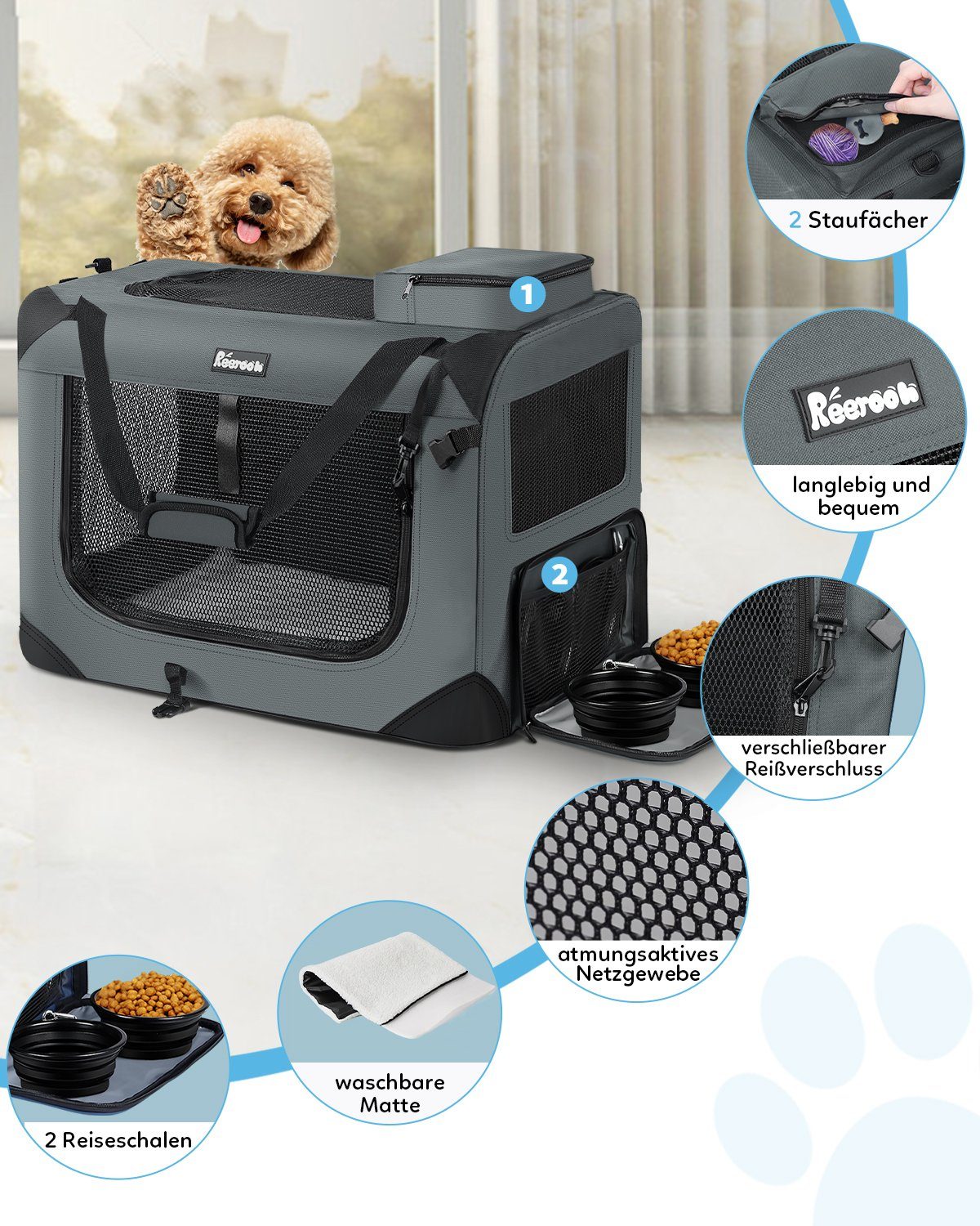 Reerooh Hunde-Transportbox Tiertransportbox Faltbar Hundebox Katzentasche Transportbox Hundenapf