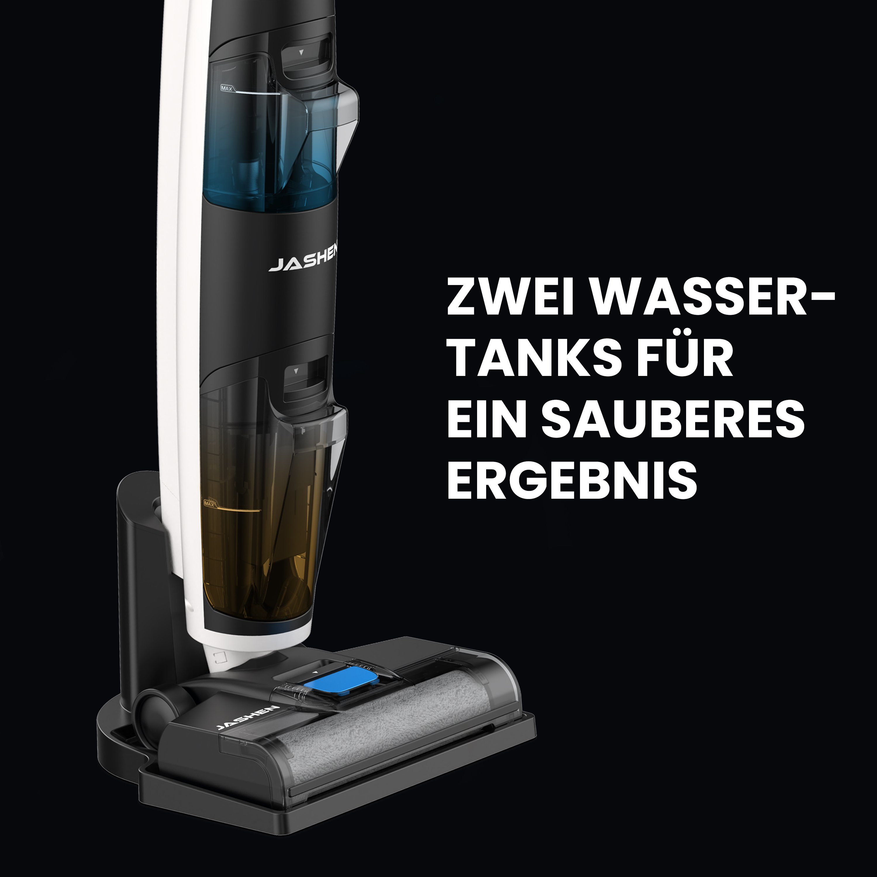 JASHEN Nass-Trocken-Akkusauger F12, 220,00 W, beutellos, getrennte Frisch- und Schmutzwassertanks, für alle Hartböden, automatische Selbstreinigung der Putzrolle