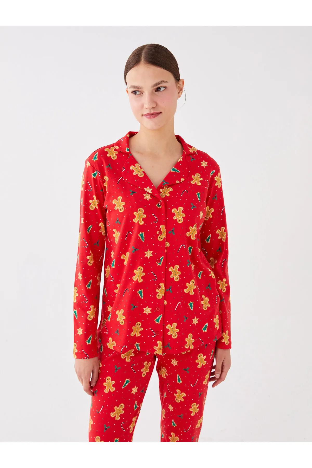 LC Waikiki  Langarm-Damenpyjama-Set mit Hemdkragen und Neujahrsmotiv