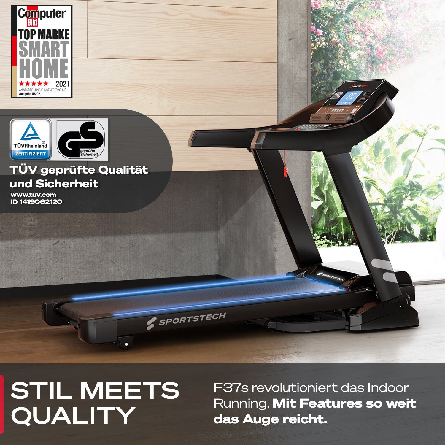 Sportstech Laufband F37s, Selbstschmiersystem,APP Kinomap, 7PS bis 20 km/h