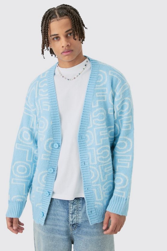 Kastiger flauschiger Strick-Cardigan in Blau mit Logo